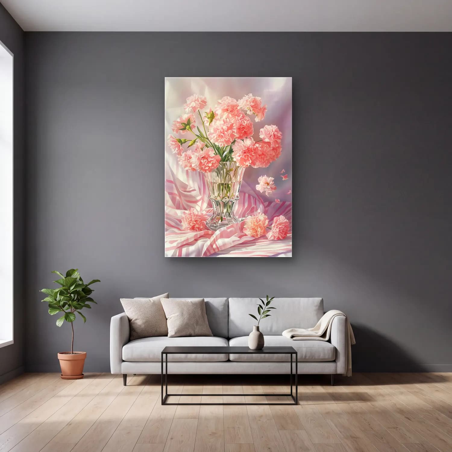 Pastel Vazoda Çiçek Buketi No. 4 cam tablo — gri duvarlı salonda