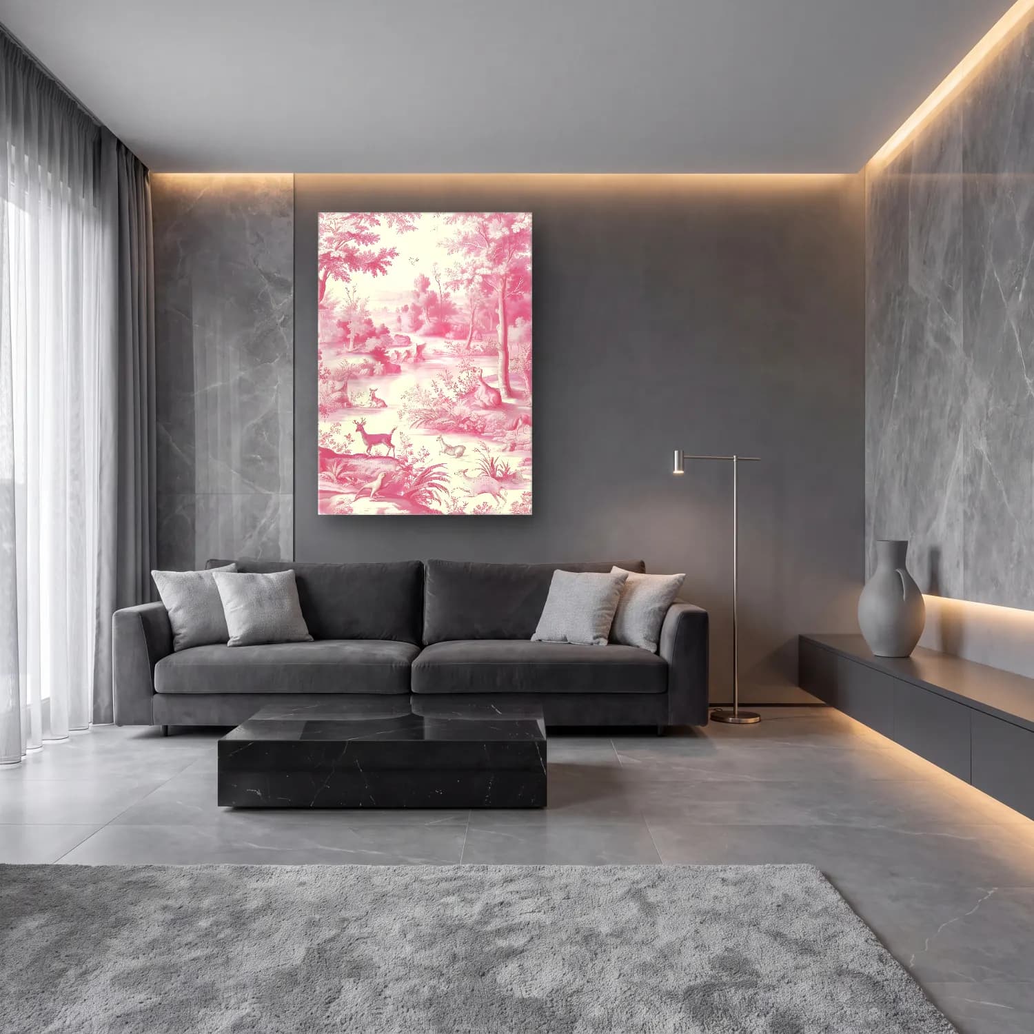Pastel Geyik – Pembe Tonlar cam tablo — lüks salon duvarında