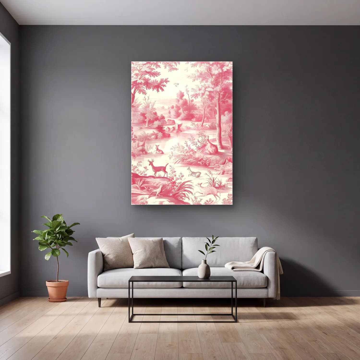 Pastel Geyik – Pembe Tonlar cam tablo — gri duvarlı salonda