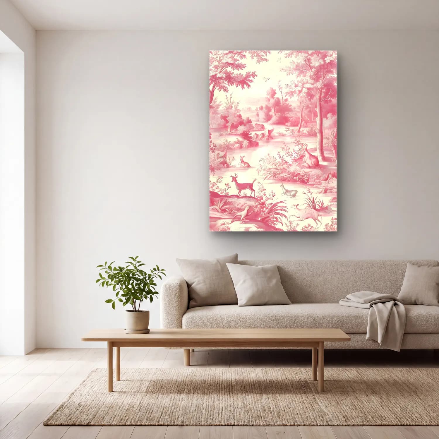 Pastel Geyik – Pembe Tonlar cam tablo — açık renk salonda