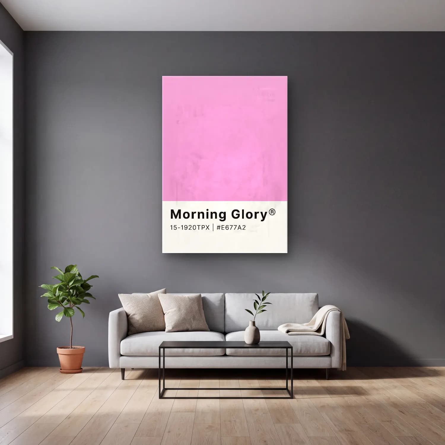 Pastel Renk Alanları No. 46 cam tablo — gri duvarlı salonda