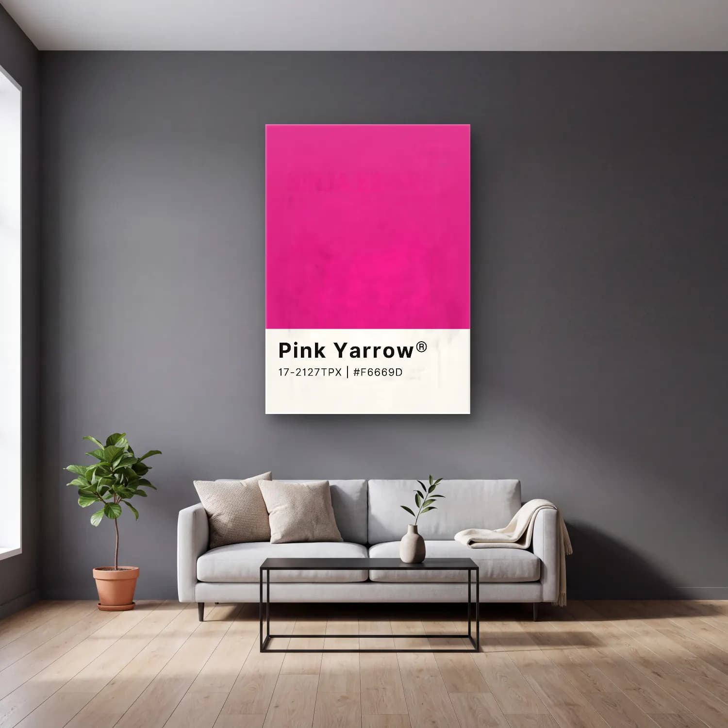 Pastel Pembe Şakayıklar No. 5 cam tablo — gri duvarlı salonda