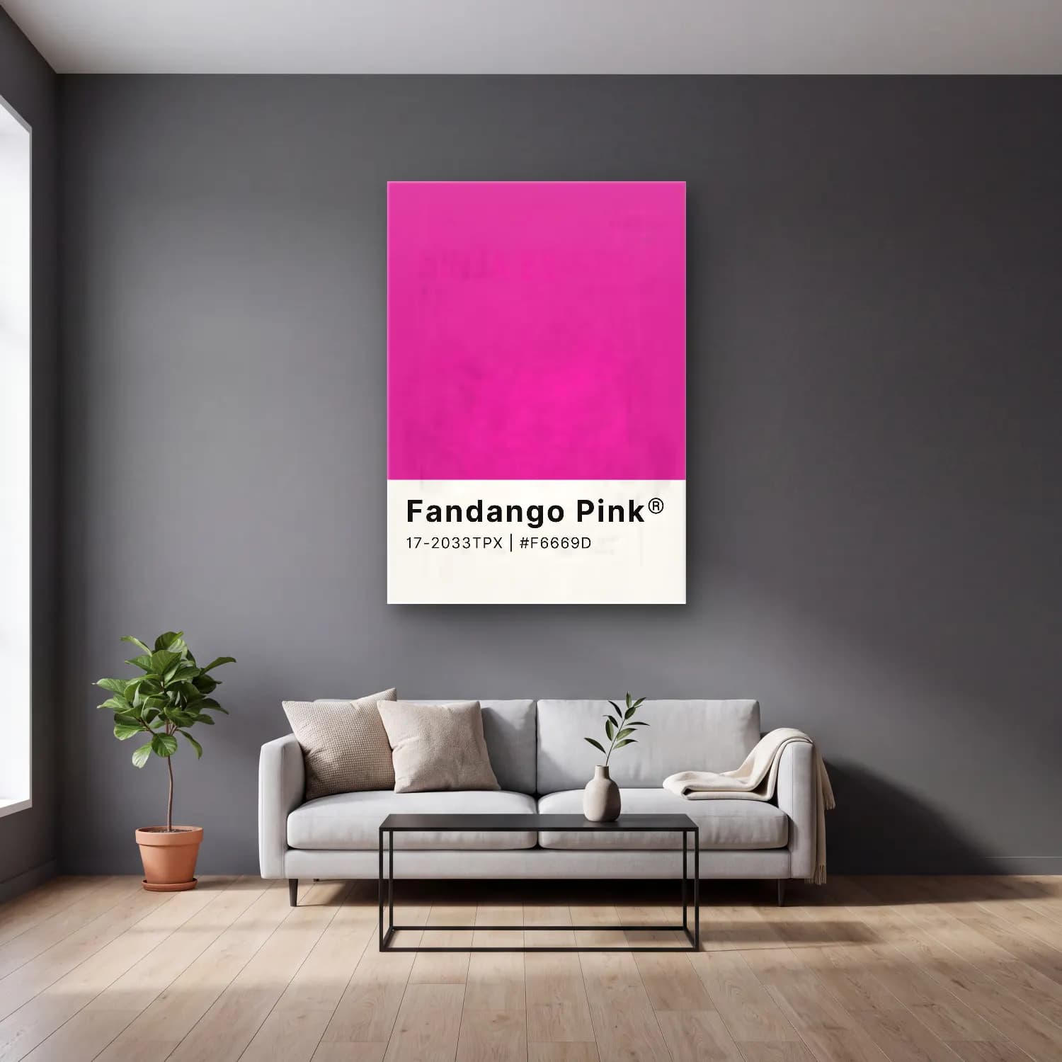 Pastel Renk Alanları No. 48 cam tablo — gri duvarlı salonda