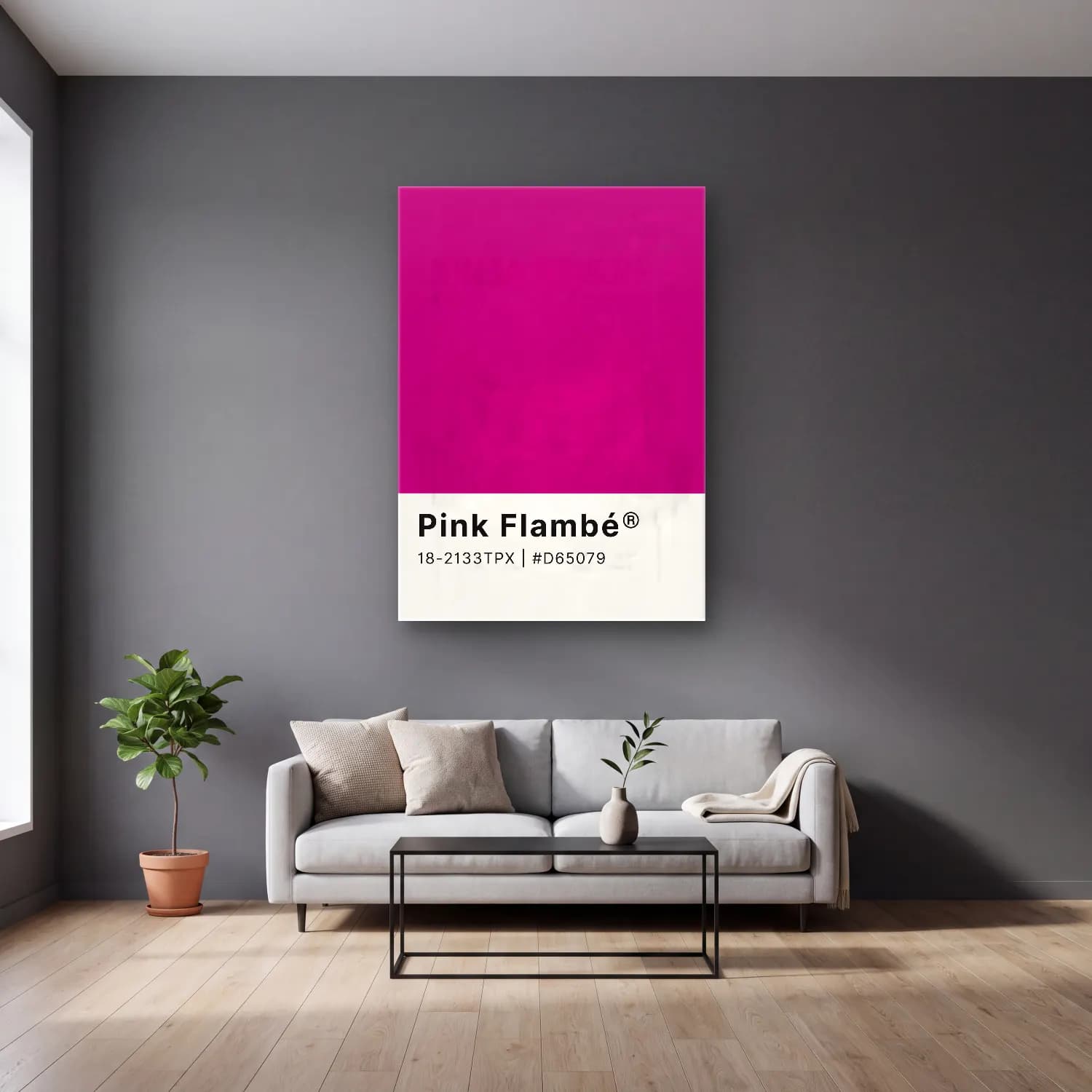 Pastel Flamingo No. 2 cam tablo — gri duvarlı salonda
