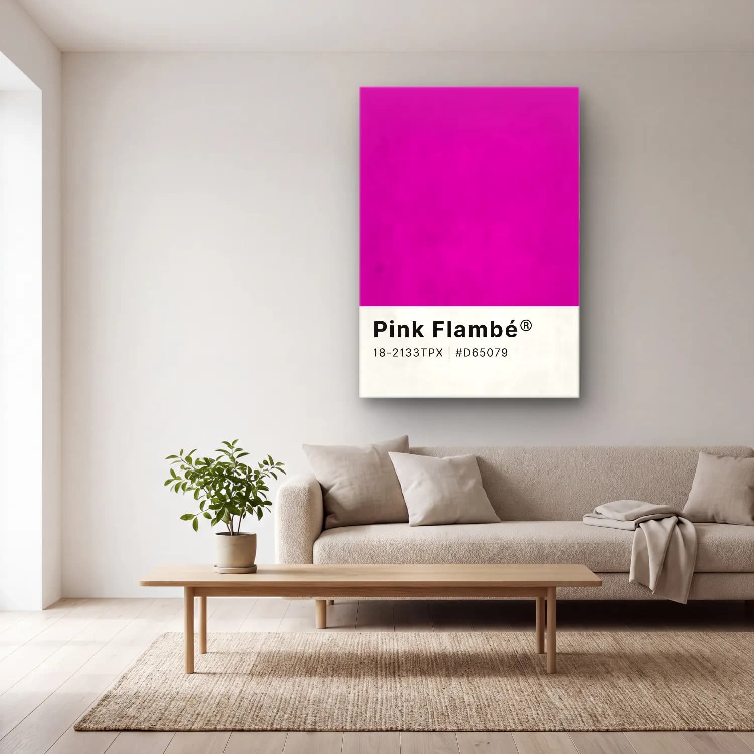 Pastel Flamingo No. 2 cam tablo — açık renk salonda