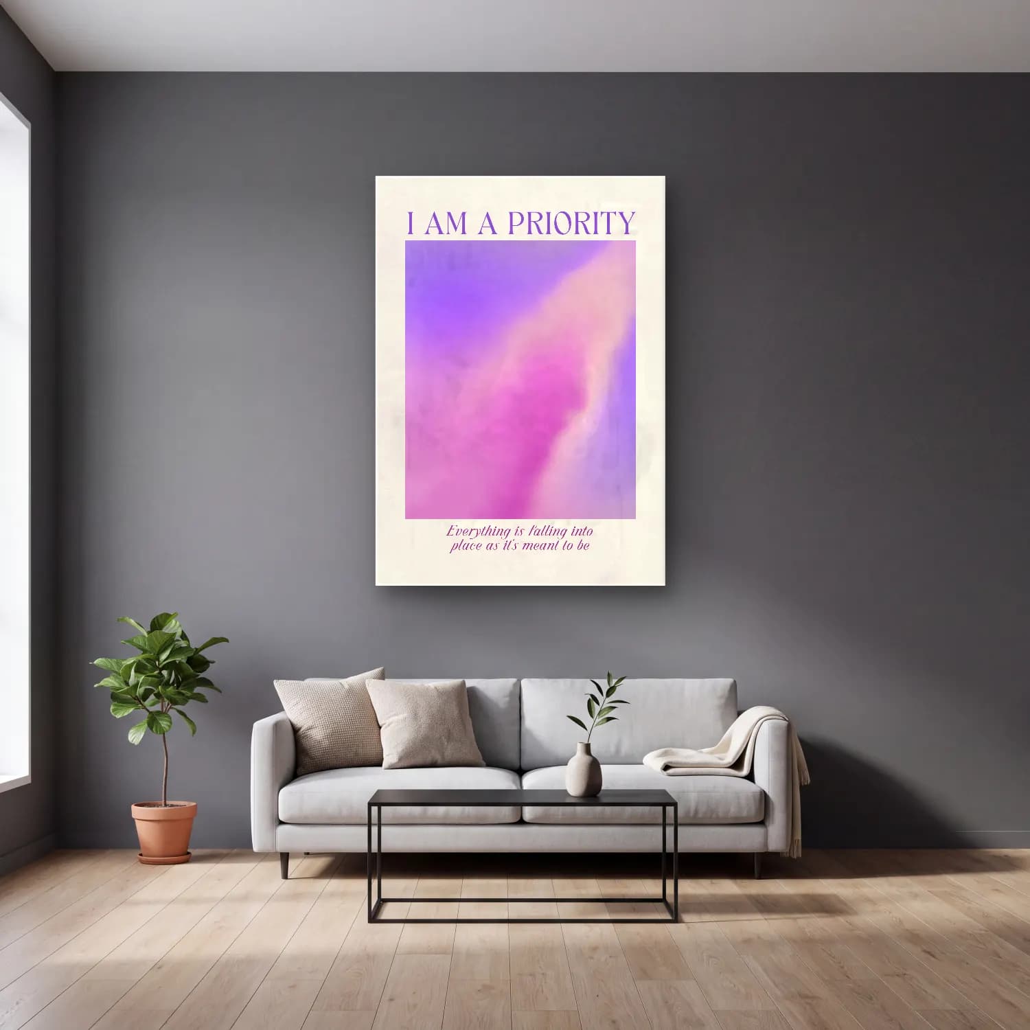Pastel Renk Alanları No. 30 cam tablo — gri duvarlı salonda