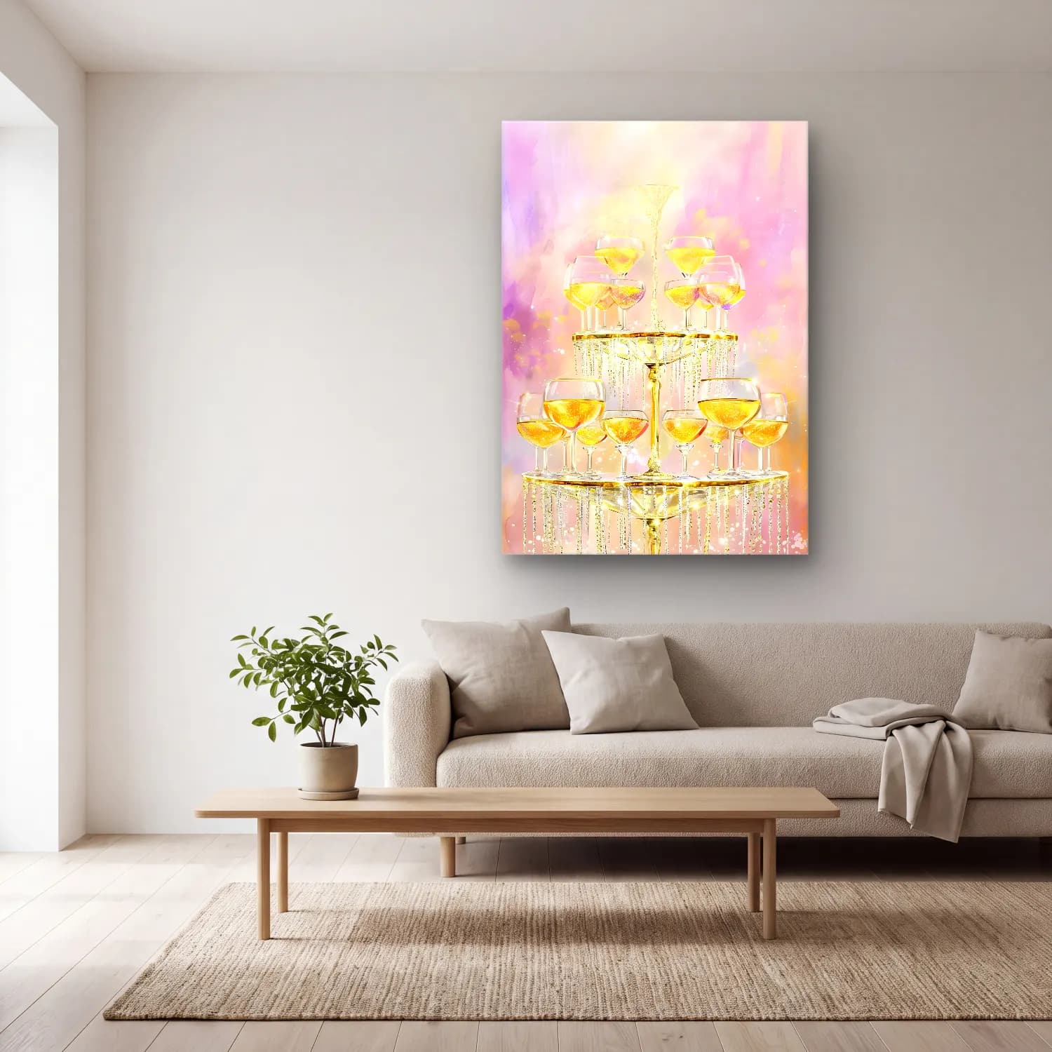 Pastel Kadeh Şarap No. 9 cam tablo — açık renk salonda