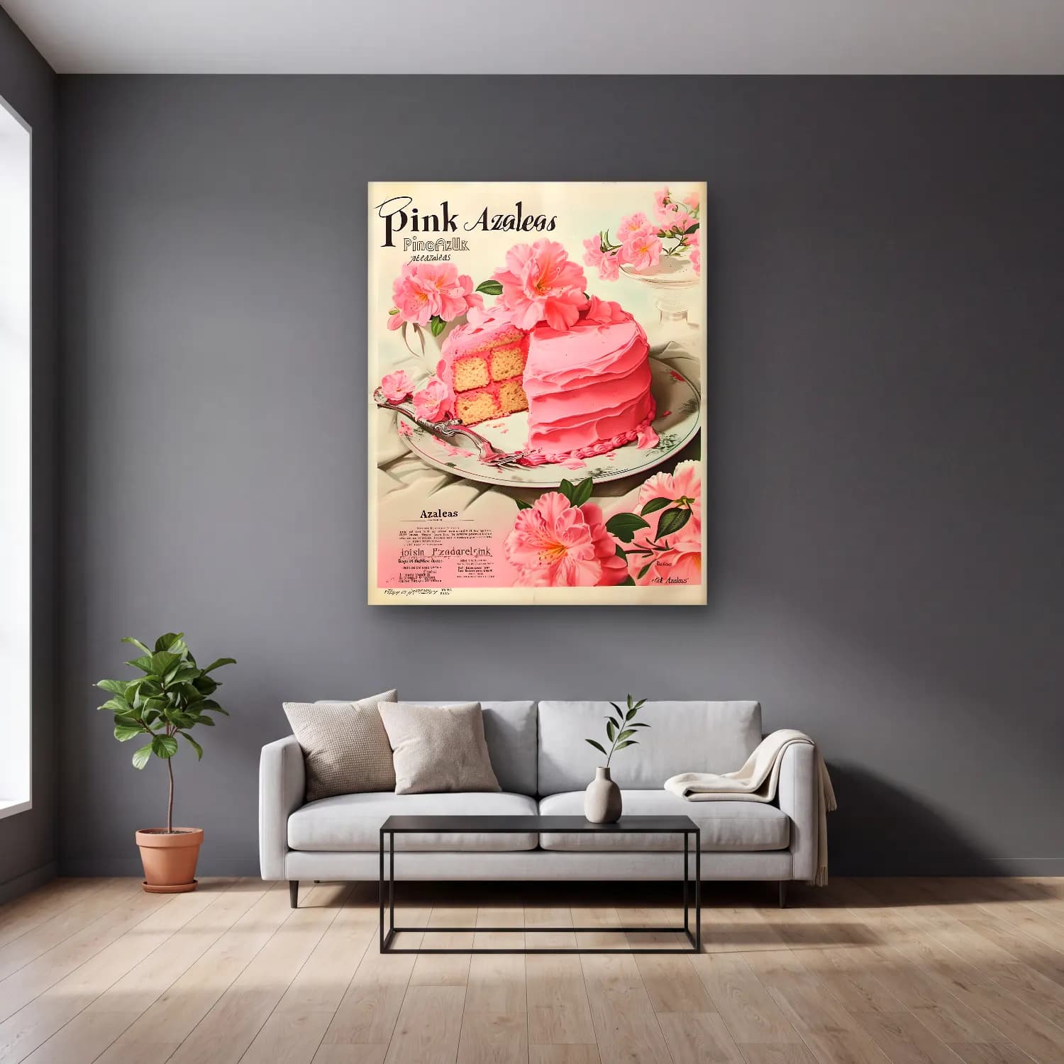 Vintage Poster Tatlılar No. 4 cam tablo — gri duvarlı salonda