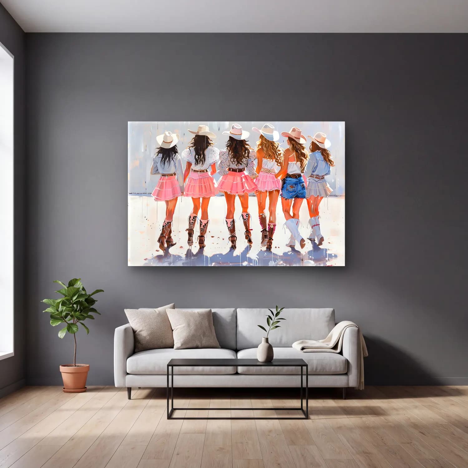 Pastel Dansçılar No. 2 cam tablo — gri duvarlı salonda