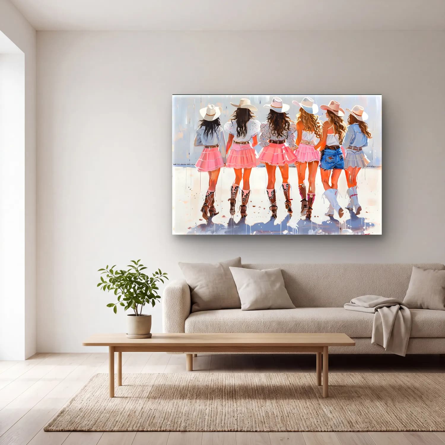 Pastel Dansçılar No. 2 cam tablo — açık renk salonda