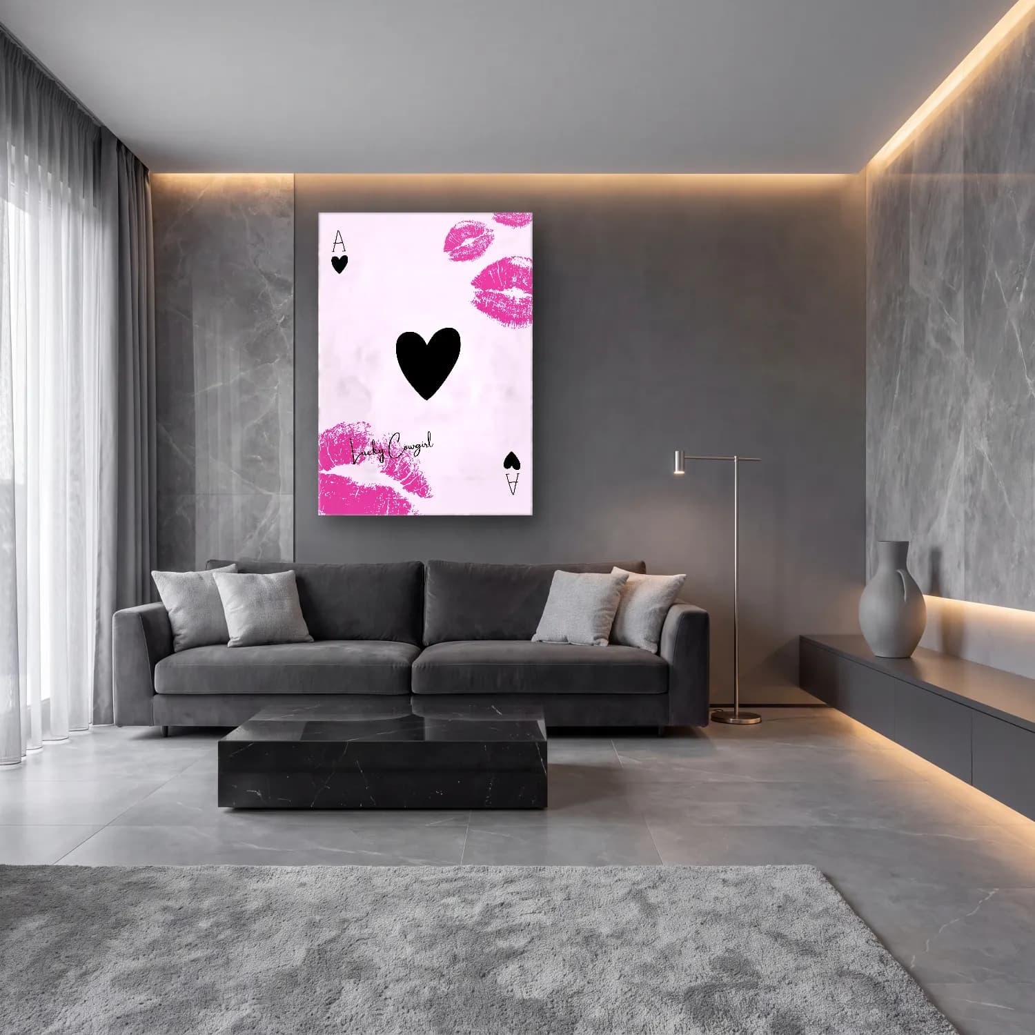 Pastel Aşıklar No. 20 cam tablo — lüks salon duvarında