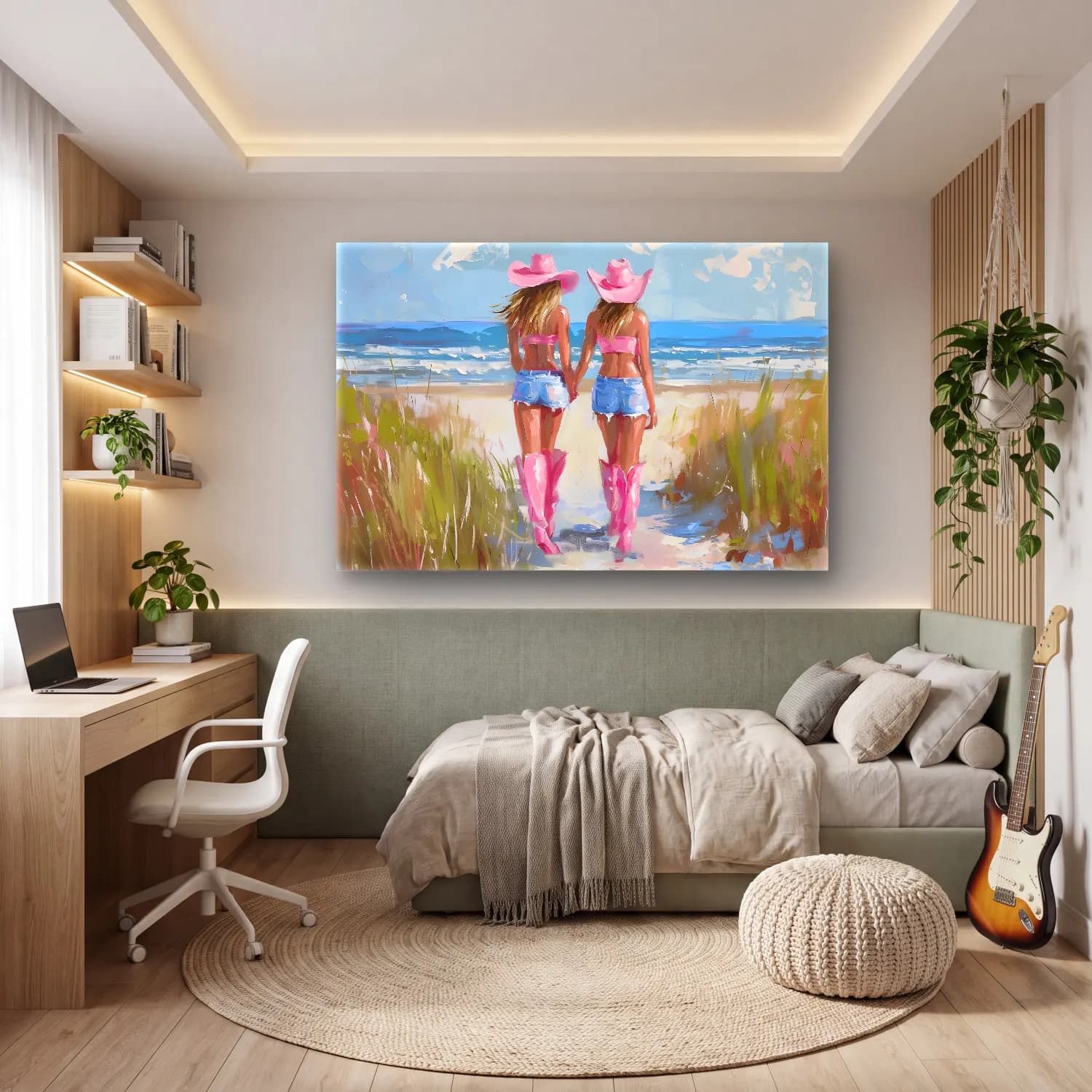 Yağlı Boya Sahilde İnsanlar – Pembe Tonlar cam tablo — genç odasında