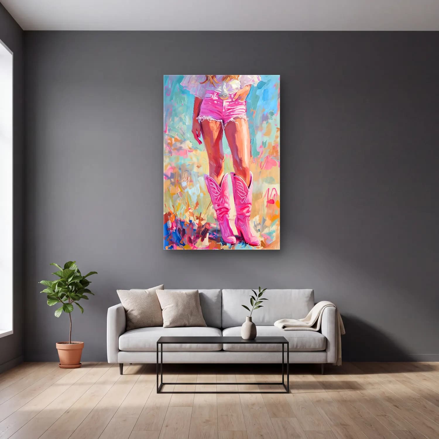 Pastel Moda İllüstrasyonu No. 8 cam tablo — gri duvarlı salonda
