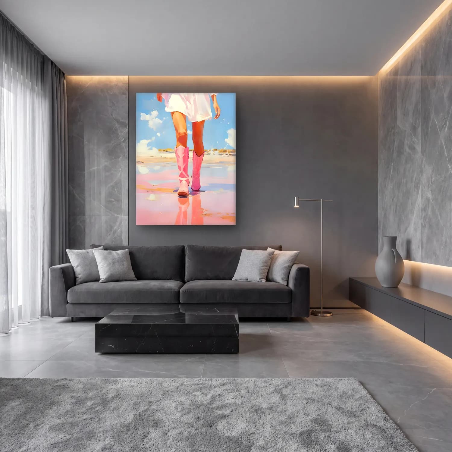 Pastel Moda İllüstrasyonu No. 11 cam tablo — lüks salon duvarında