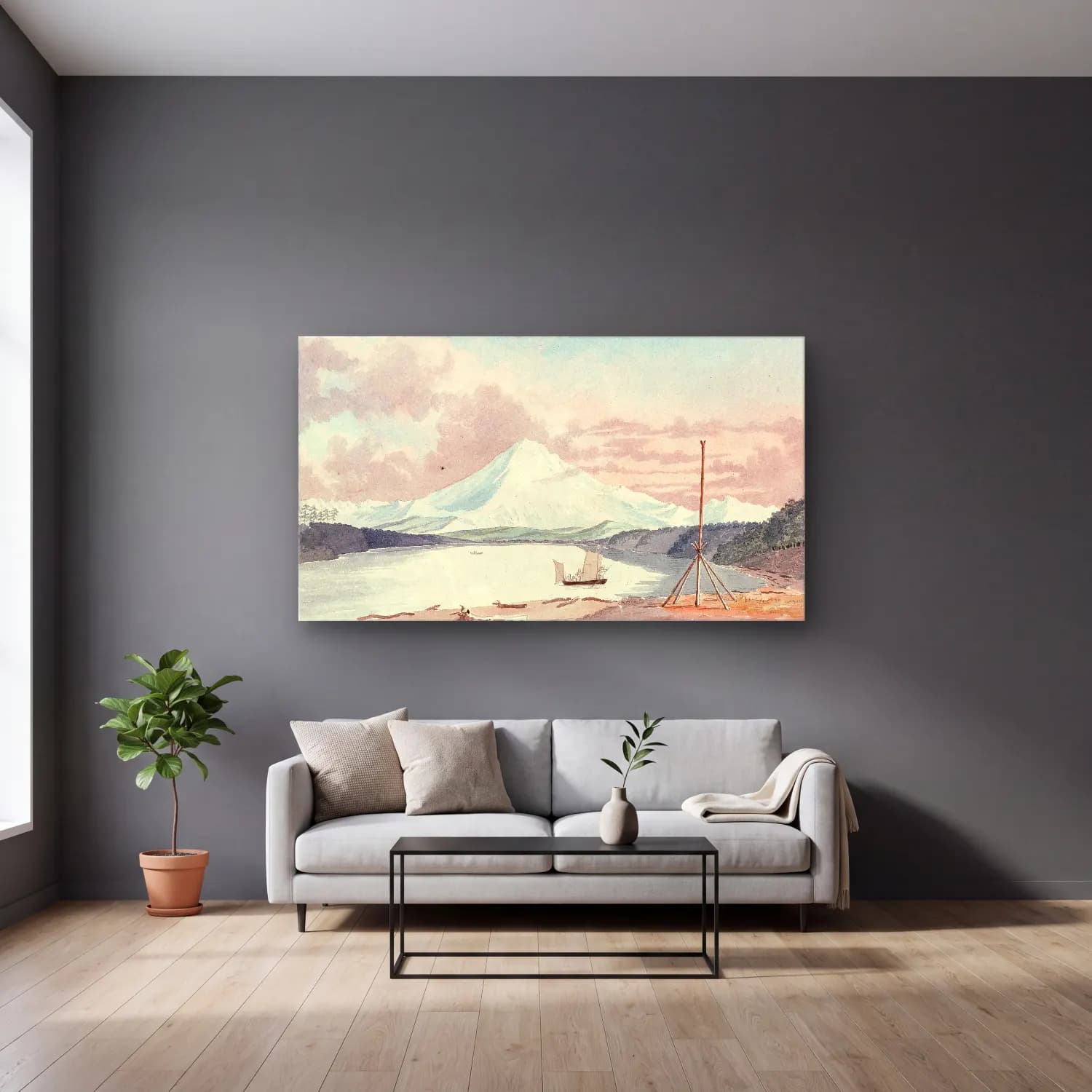 Charles Hamilton Smith – Mount Rainier from the South Part of Admiralty Inlet cam tablo — gri duvarlı salonda