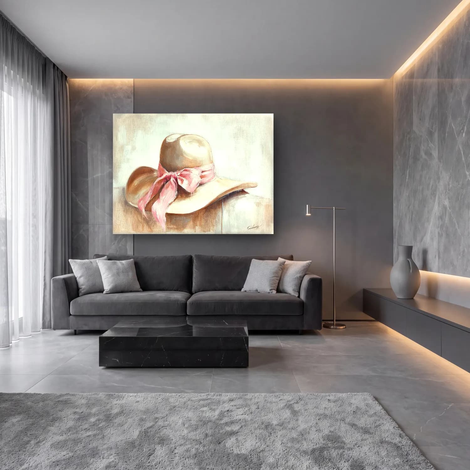 Yağlı Boya Fiyonk – Bej Tonlar cam tablo — lüks salon duvarında