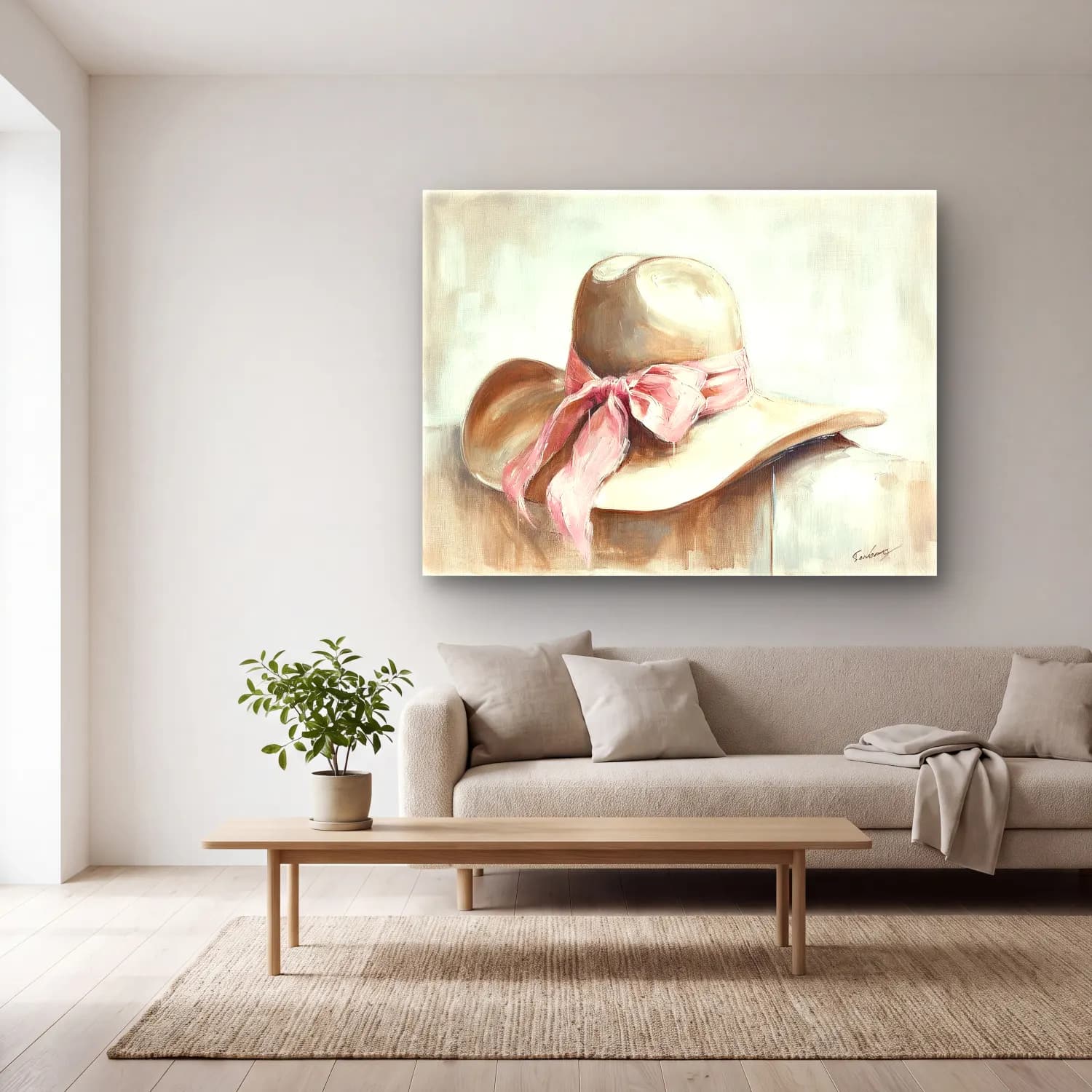 Yağlı Boya Fiyonk – Bej Tonlar cam tablo — açık renk salonda