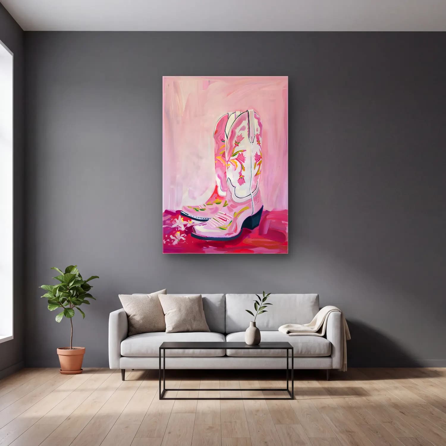 Pastel Topuklu Ayakkabı ve Çanta No. 9 cam tablo — gri duvarlı salonda