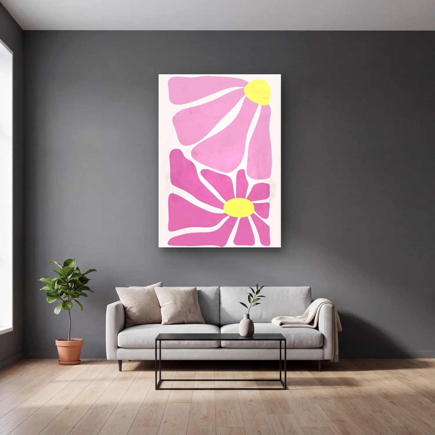 Pastel Çiçek Deseni No. 173 cam tablo — gri duvarlı salonda