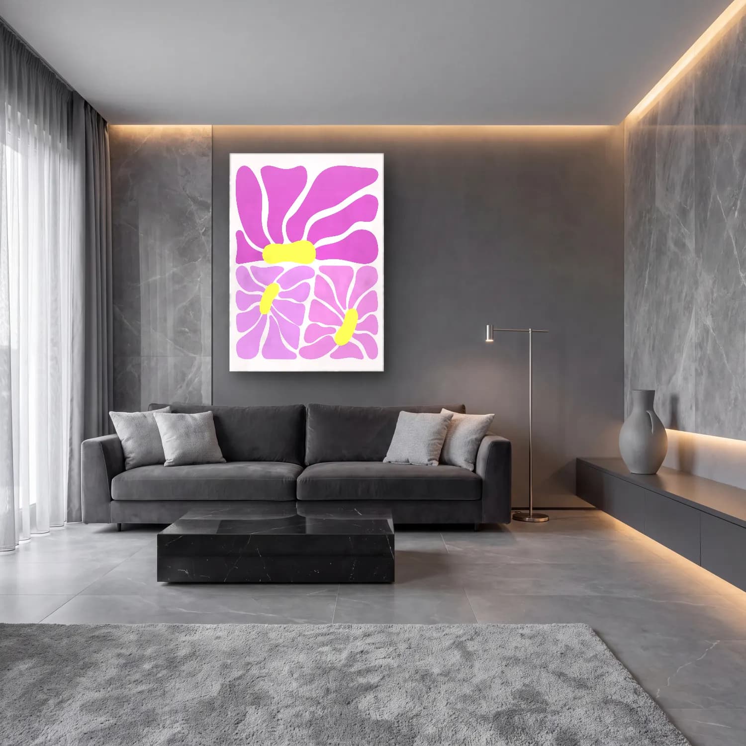 Pastel Çiçek Deseni No. 177 cam tablo — lüks salon duvarında