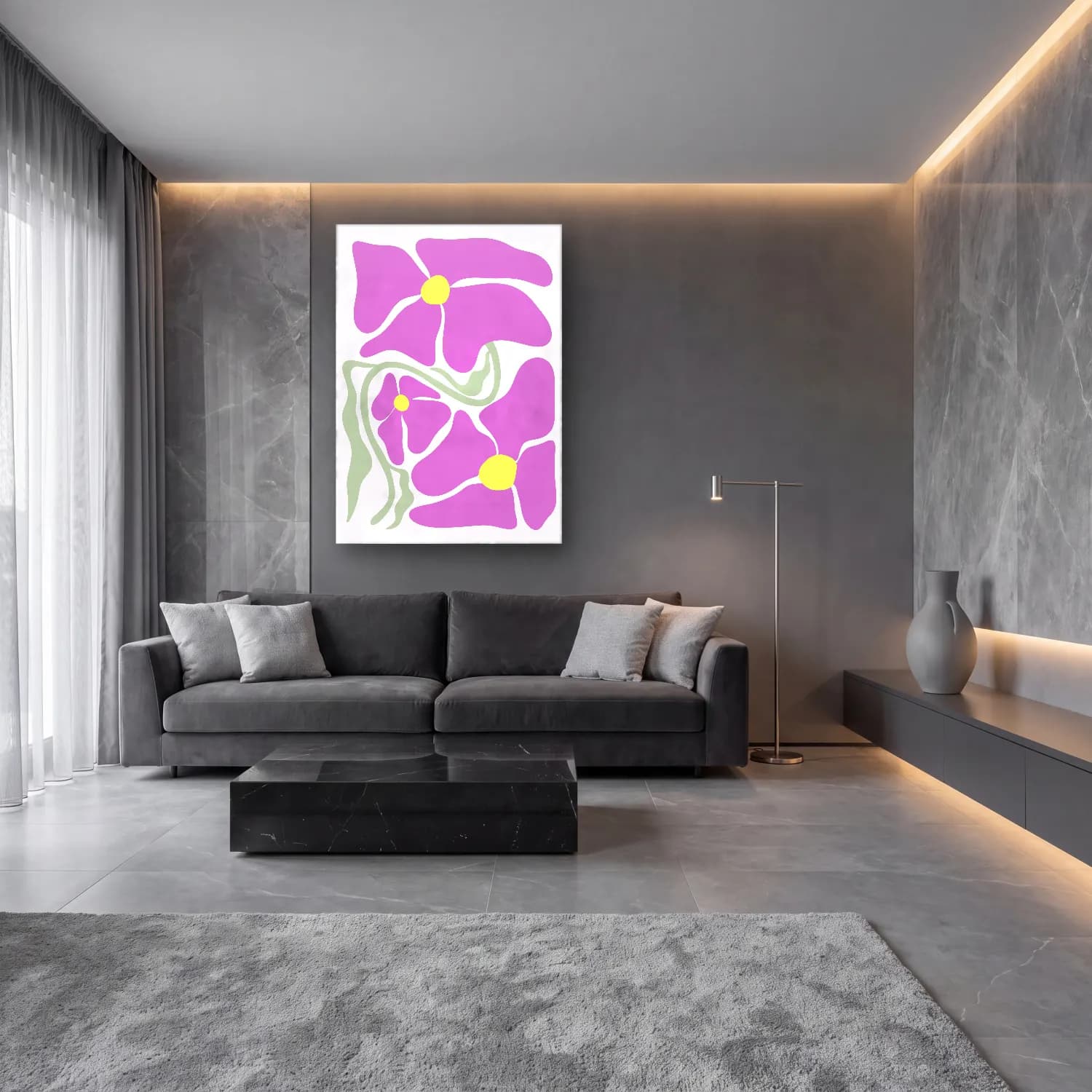 Pastel Çiçek Deseni No. 179 cam tablo — lüks salon duvarında