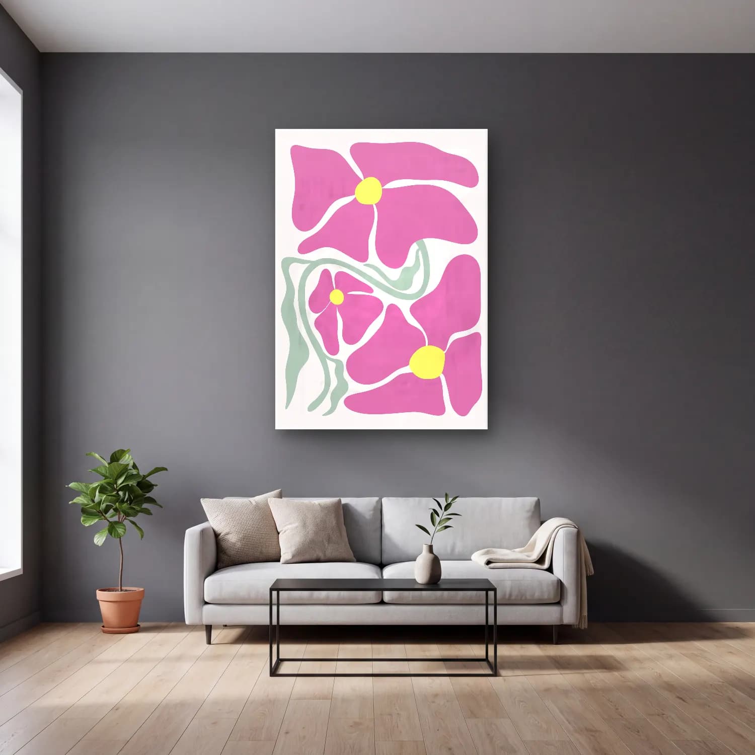 Pastel Çiçek Deseni No. 179 cam tablo — gri duvarlı salonda