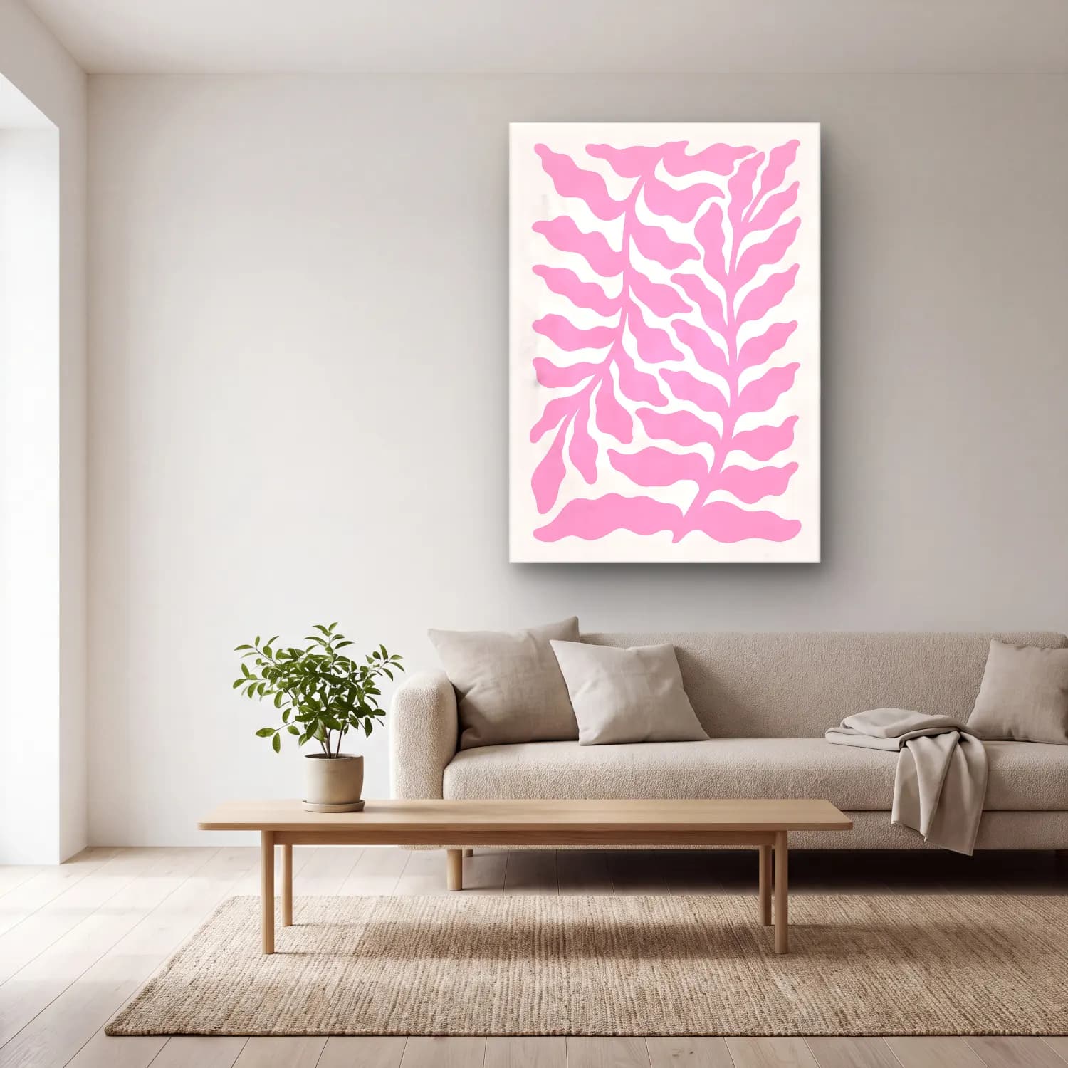 Pastel Eğrelti Otu No. 4 cam tablo — açık renk salonda