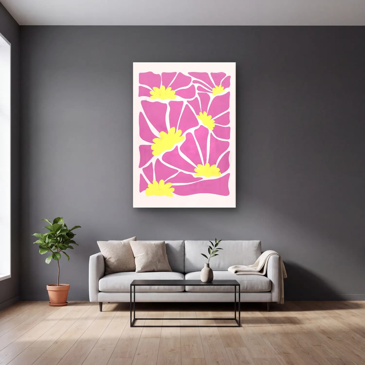 Pastel Çiçek Deseni No. 181 cam tablo — gri duvarlı salonda