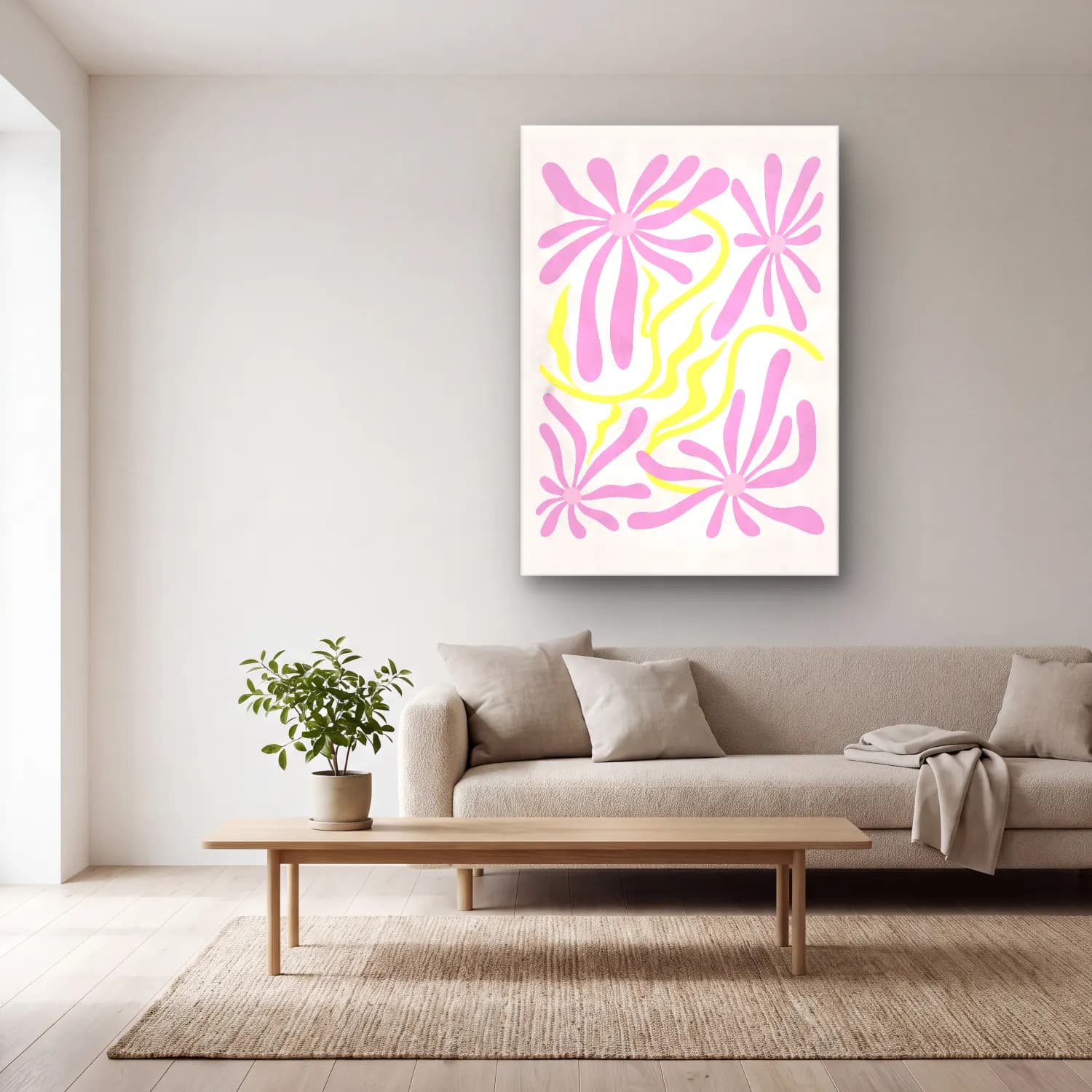 Pastel Çiçek Deseni No. 182 cam tablo — açık renk salonda