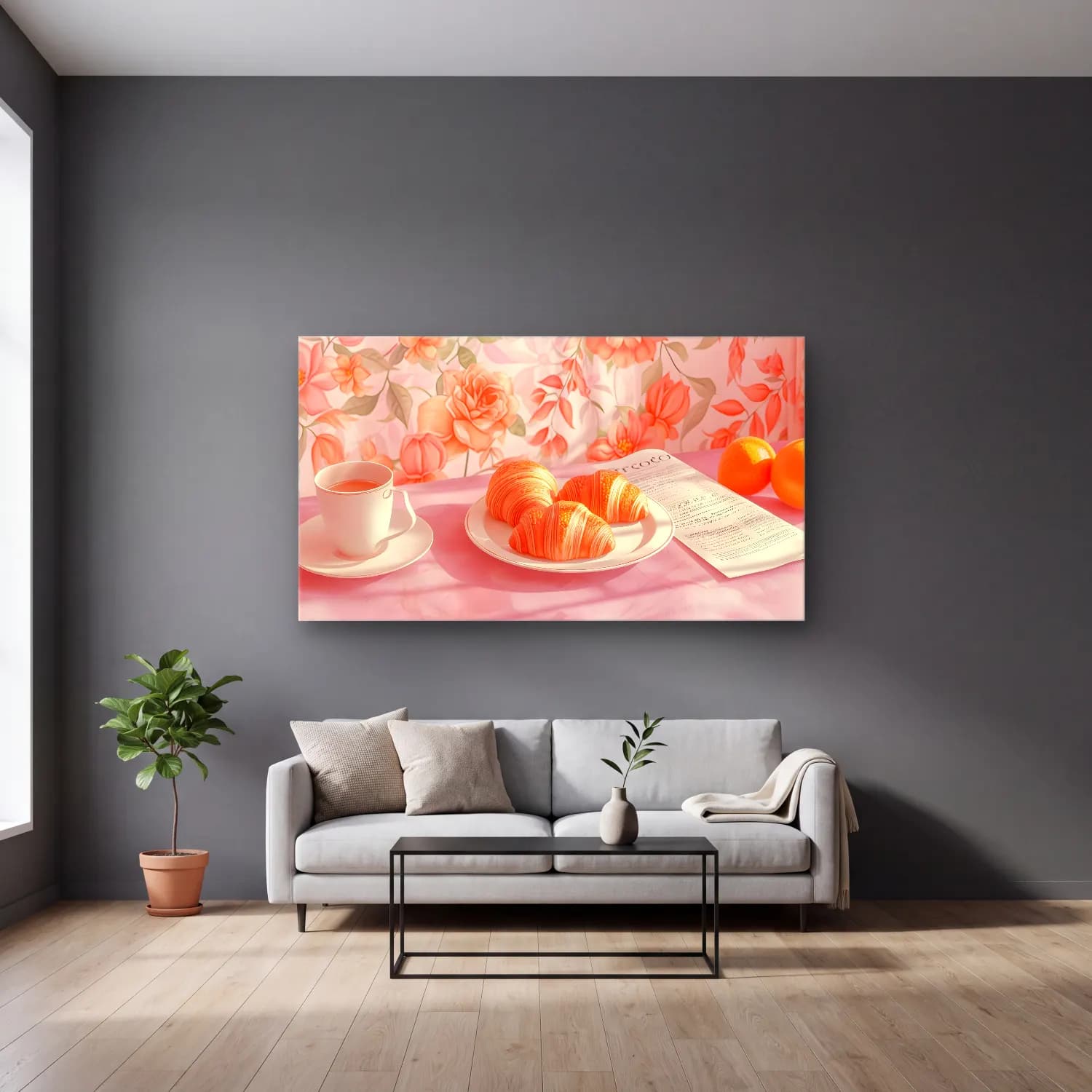 Pastel Ekmek ve Pastalar No. 2 cam tablo — gri duvarlı salonda