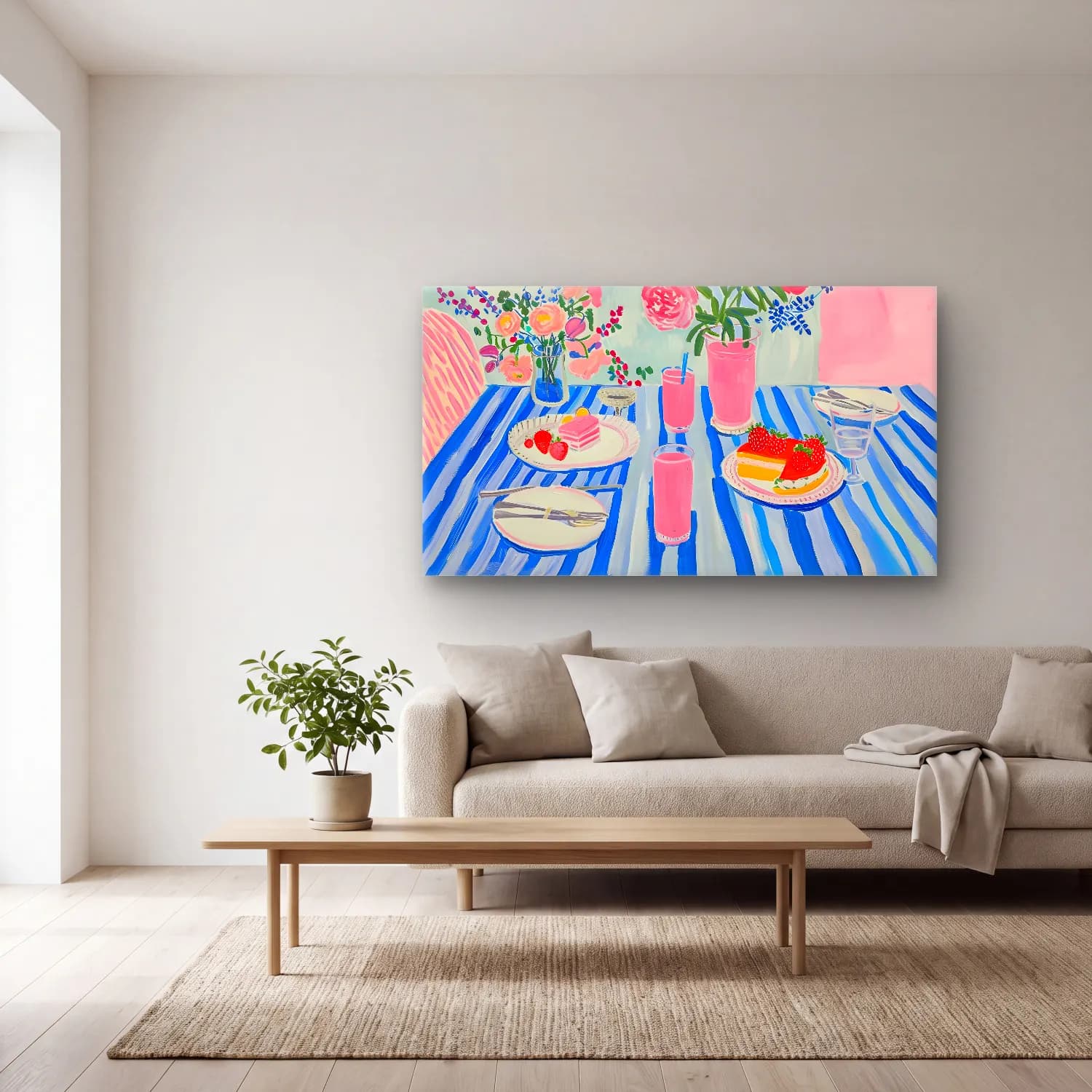 Pastel Tatlılar No. 10 cam tablo — açık renk salonda