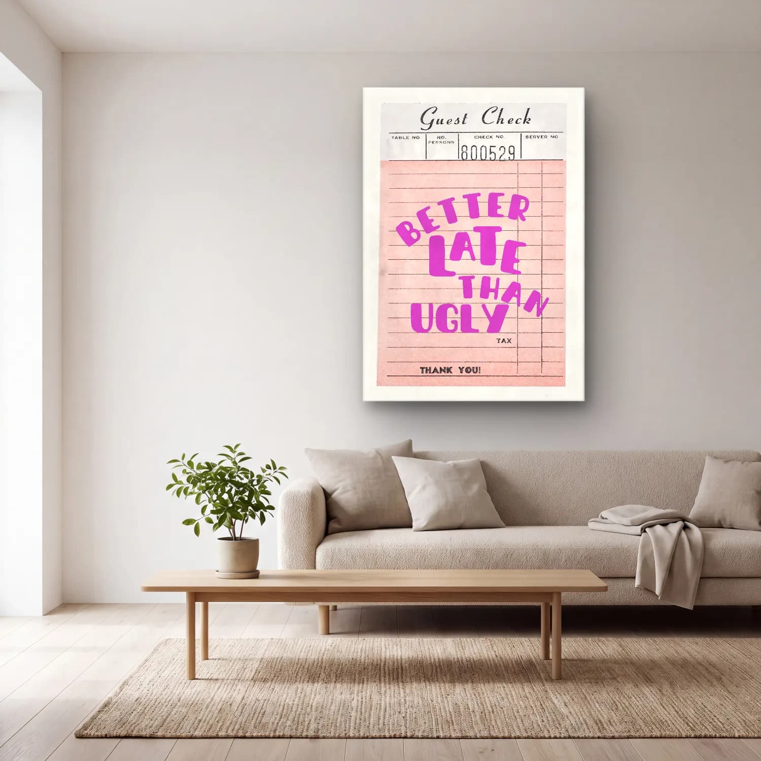 Pastel Yazılı Tasarım No. 46 cam tablo — açık renk salonda