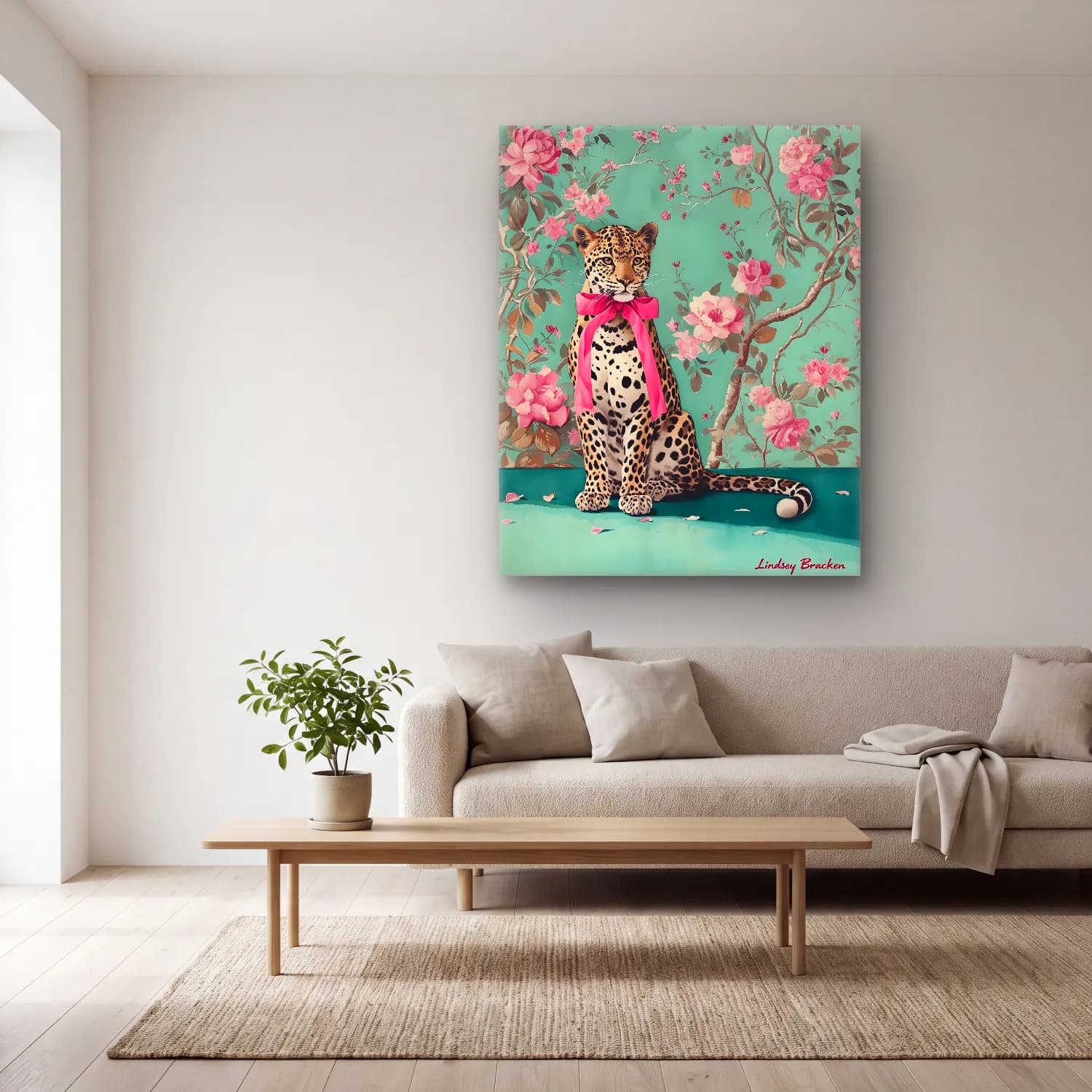 Pastel Leopar No. 21 cam tablo — açık renk salonda