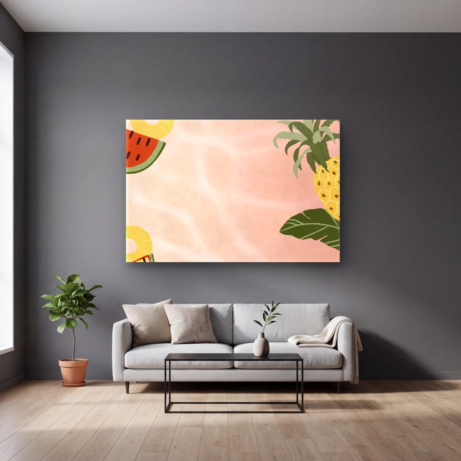 Pastel Çiçek Deseni No. 191 cam tablo — gri duvarlı salonda