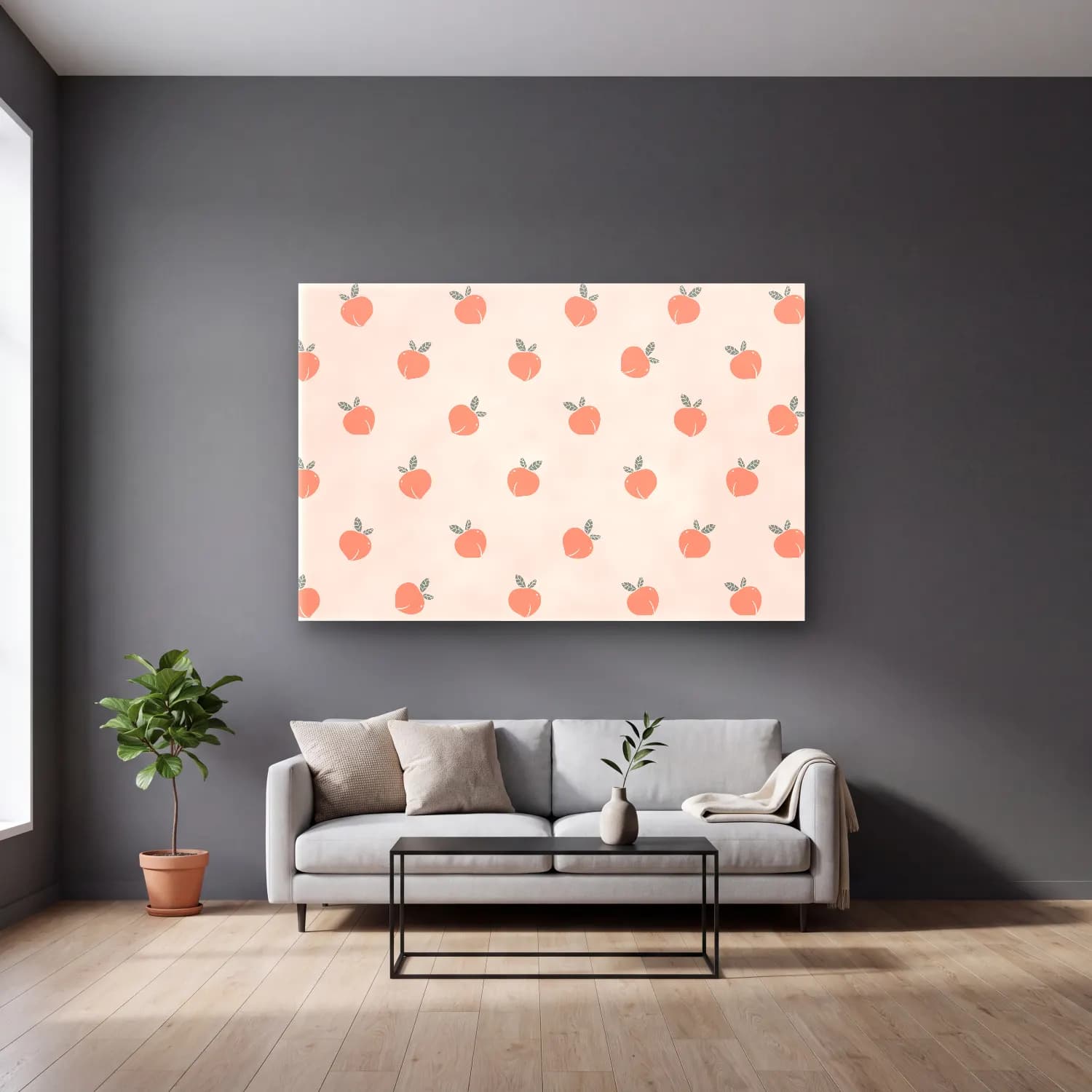 Pastel Armut ve Elmalar – Pembe Tonlar cam tablo — gri duvarlı salonda