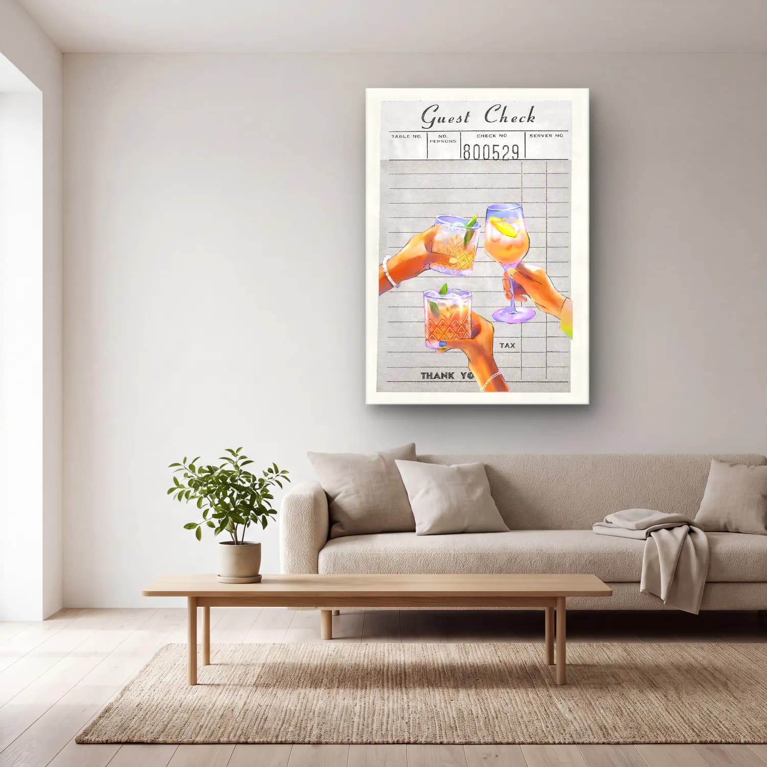 Pastel Kokteyl No. 22 cam tablo — açık renk salonda