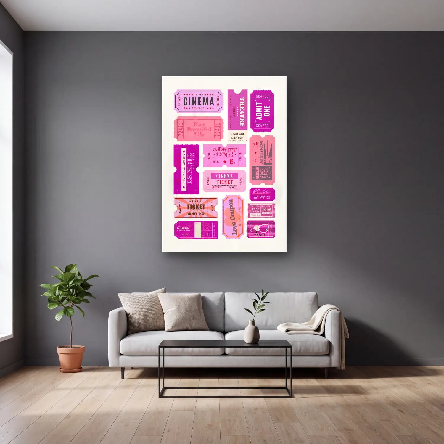 Pastel Yazılı Tasarım No. 31 cam tablo — gri duvarlı salonda