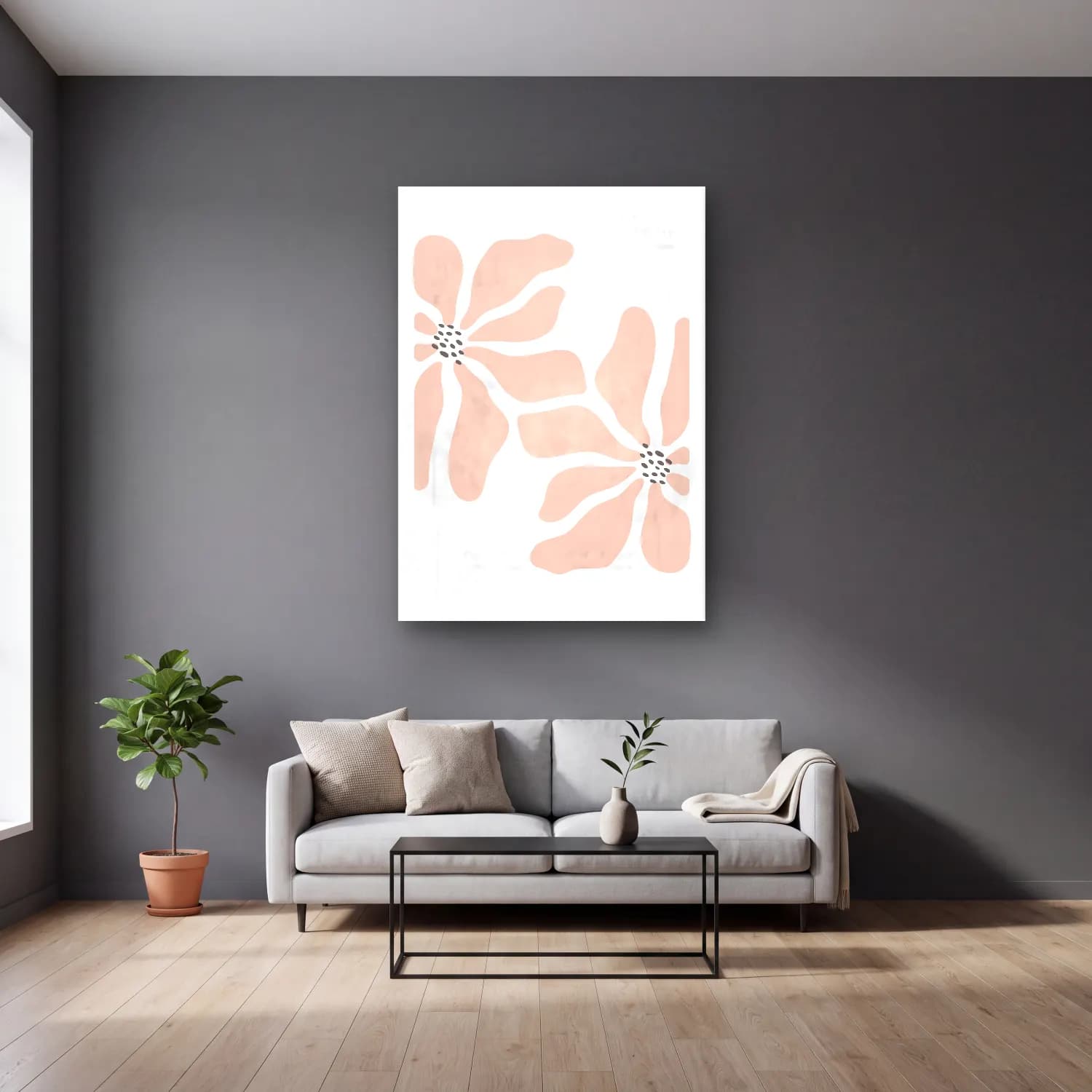 Pastel Çiçek Deseni No. 195 cam tablo — gri duvarlı salonda