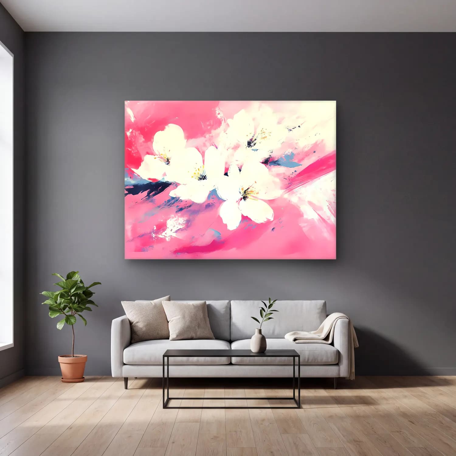 Pastel Kiraz Çiçekleri No. 14 cam tablo — gri duvarlı salonda