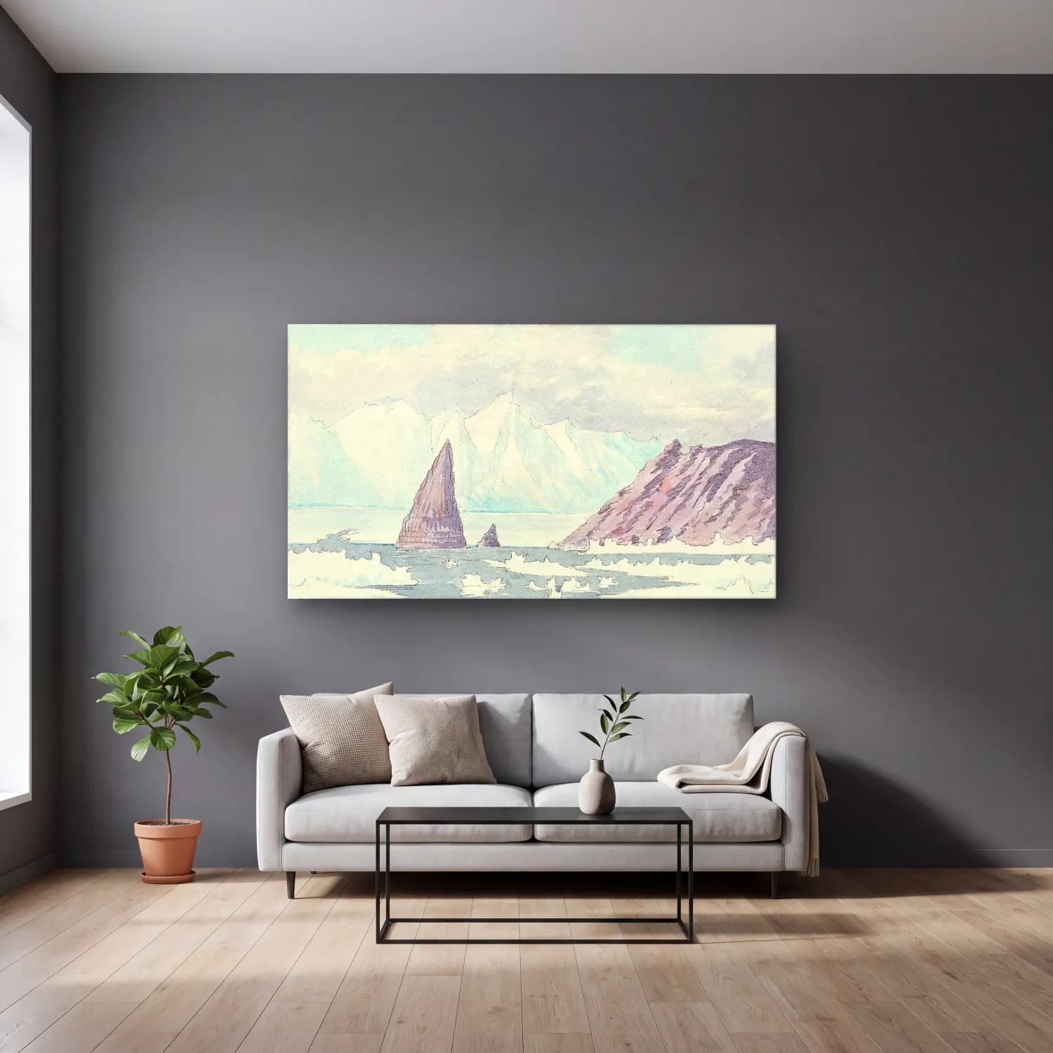 Charles Hamilton Smith – Princess Charlotte’s Monument, Coburg Bay, Cape Leopold cam tablo — gri duvarlı salonda