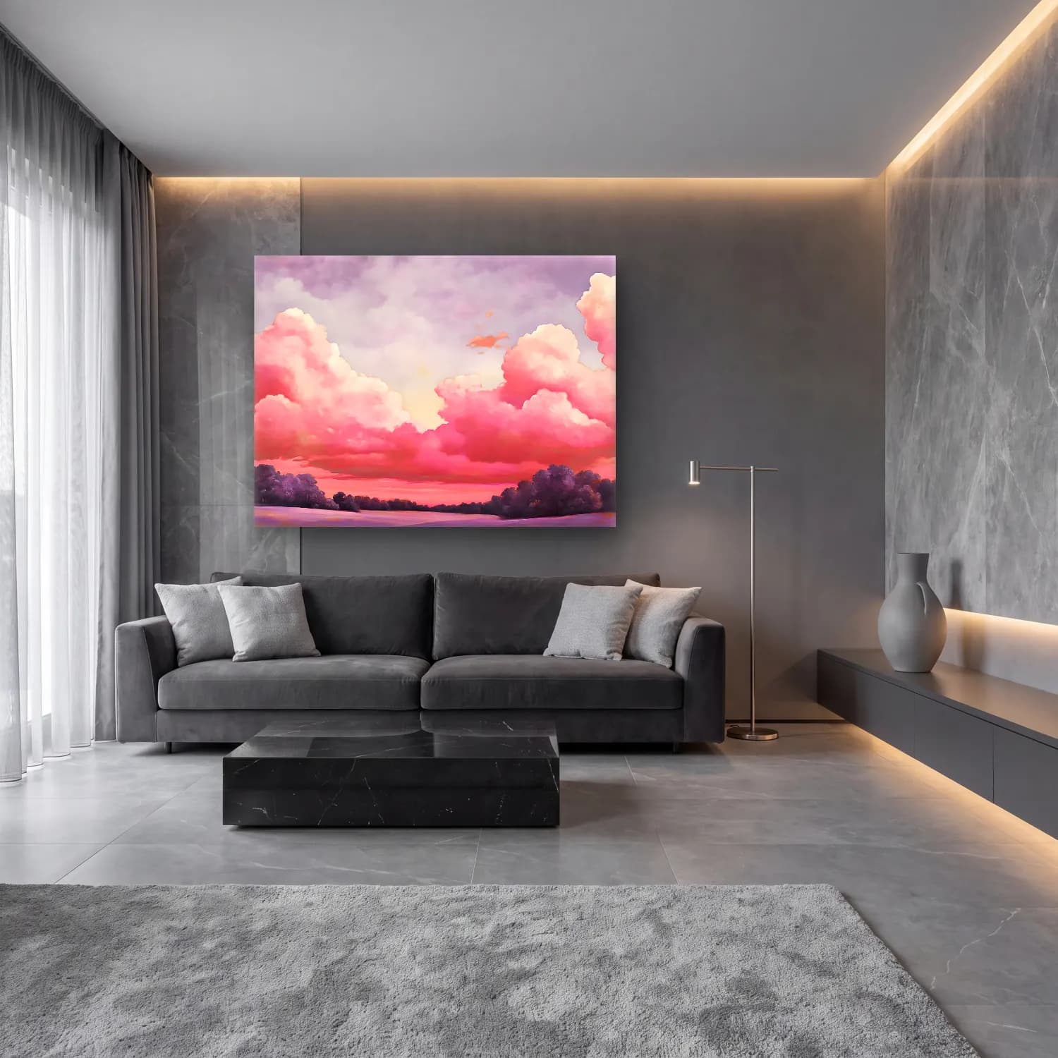 Pastel Bulutlu Gökyüzü – Pembe Tonlar cam tablo — lüks salon duvarında