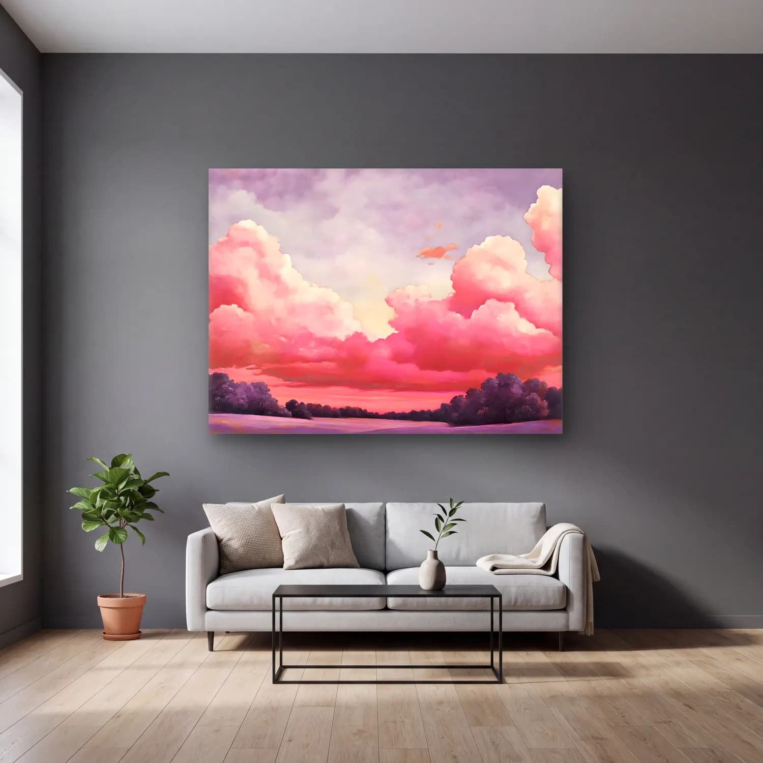 Pastel Bulutlu Gökyüzü – Pembe Tonlar cam tablo — gri duvarlı salonda