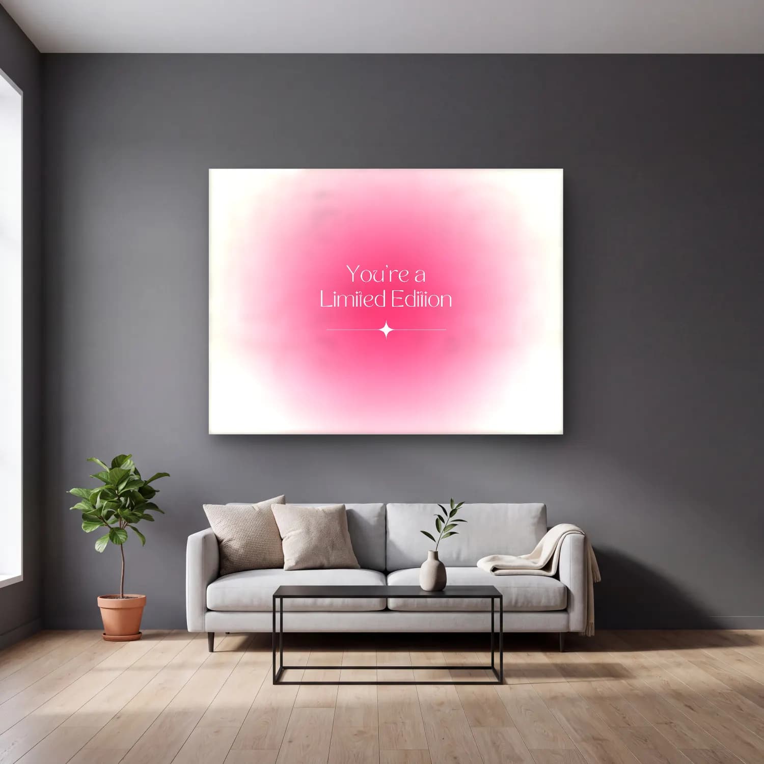 Pastel Söz Posteri No. 44 cam tablo — gri duvarlı salonda