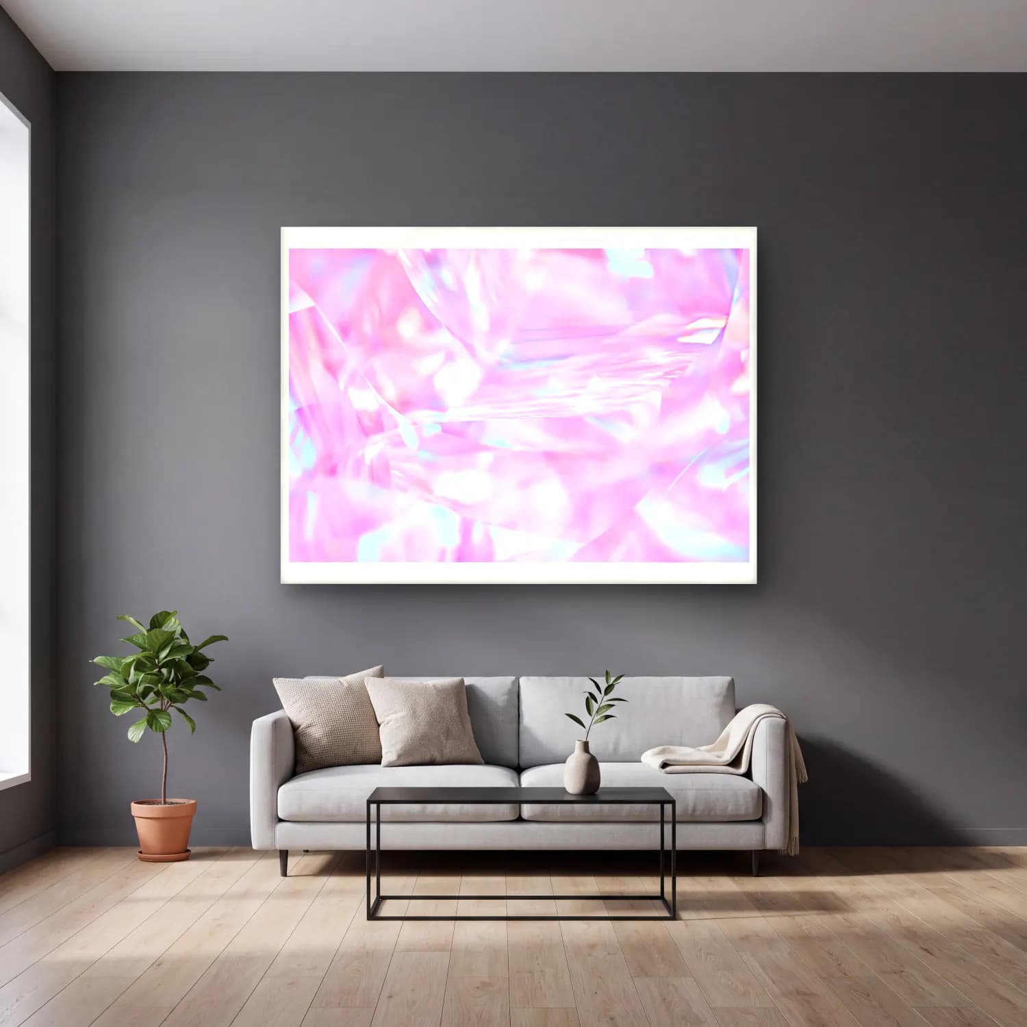 Pastel Renk Alanları No. 51 cam tablo — gri duvarlı salonda