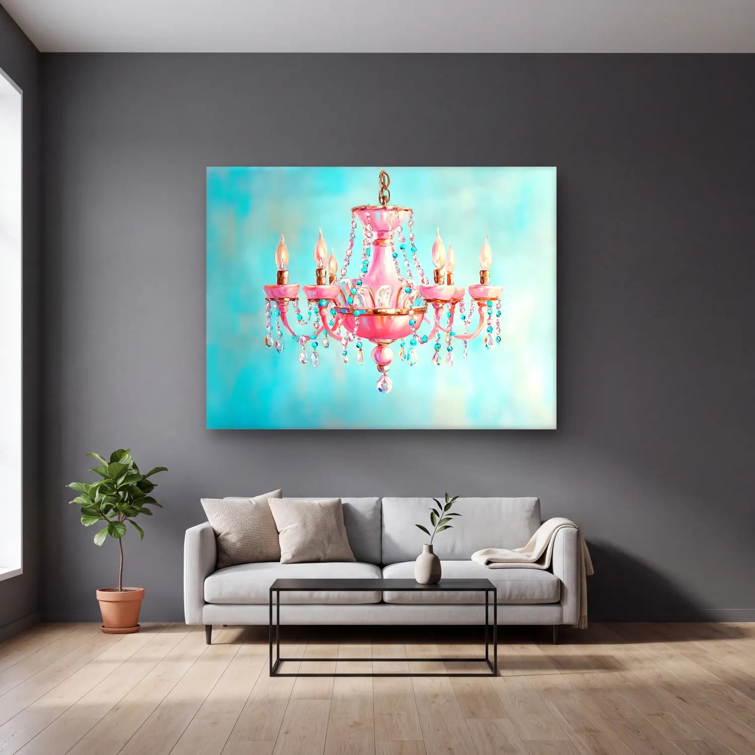 Pastel Mumlar No. 4 cam tablo — gri duvarlı salonda