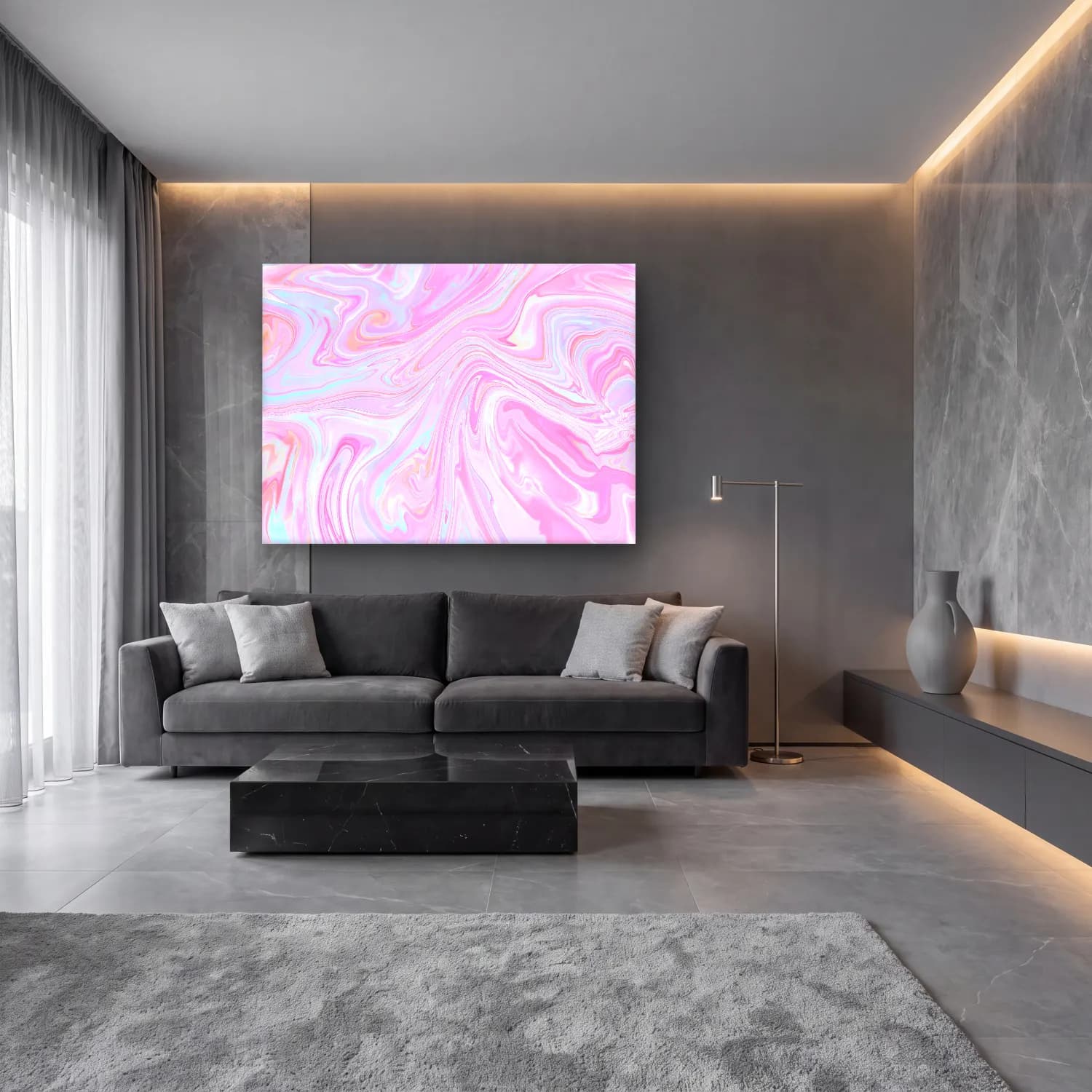 Pastel Mermer Doku No. 21 cam tablo — lüks salon duvarında
