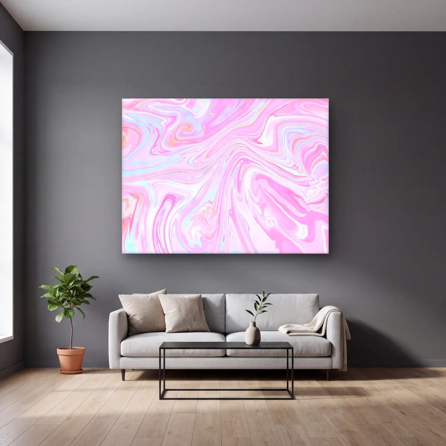Pastel Mermer Doku No. 21 cam tablo — gri duvarlı salonda