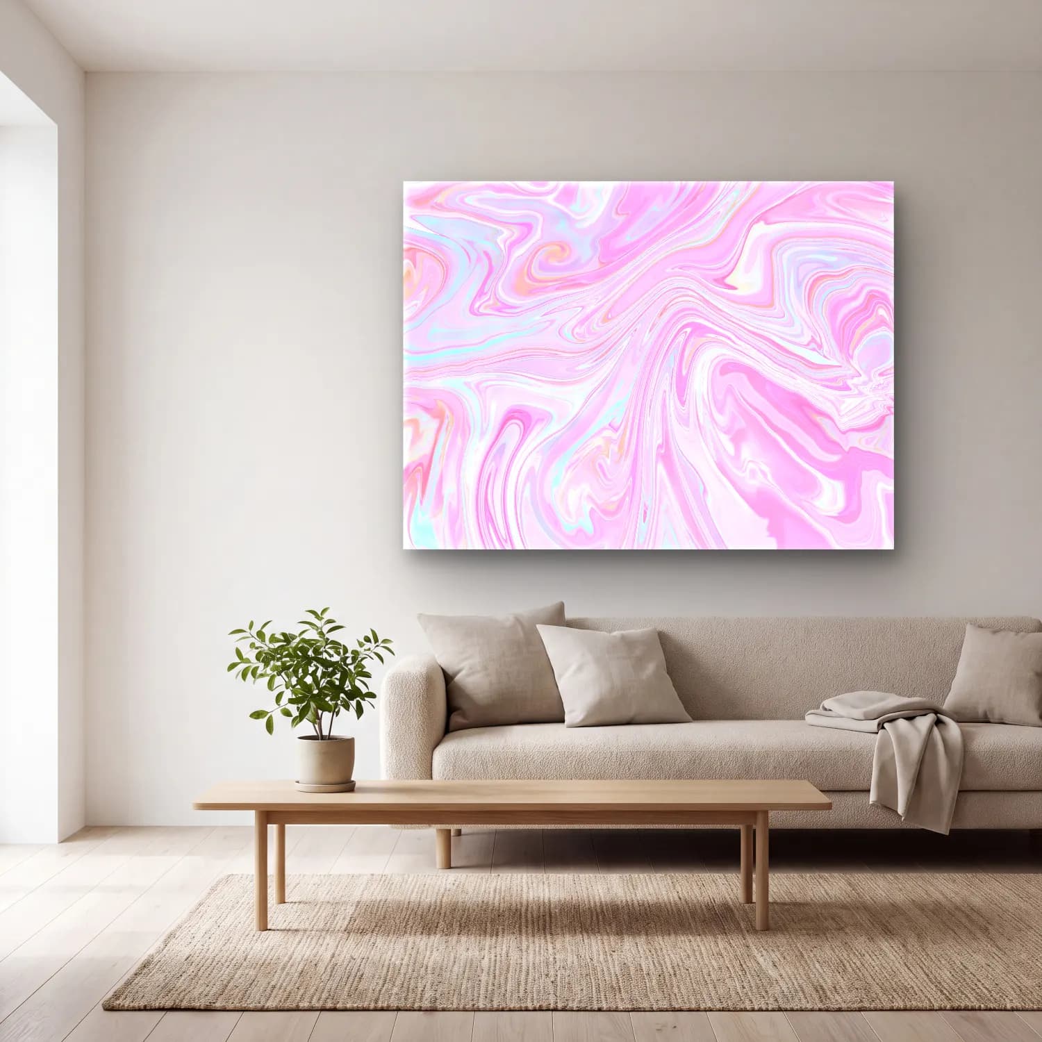 Pastel Mermer Doku No. 21 cam tablo — açık renk salonda