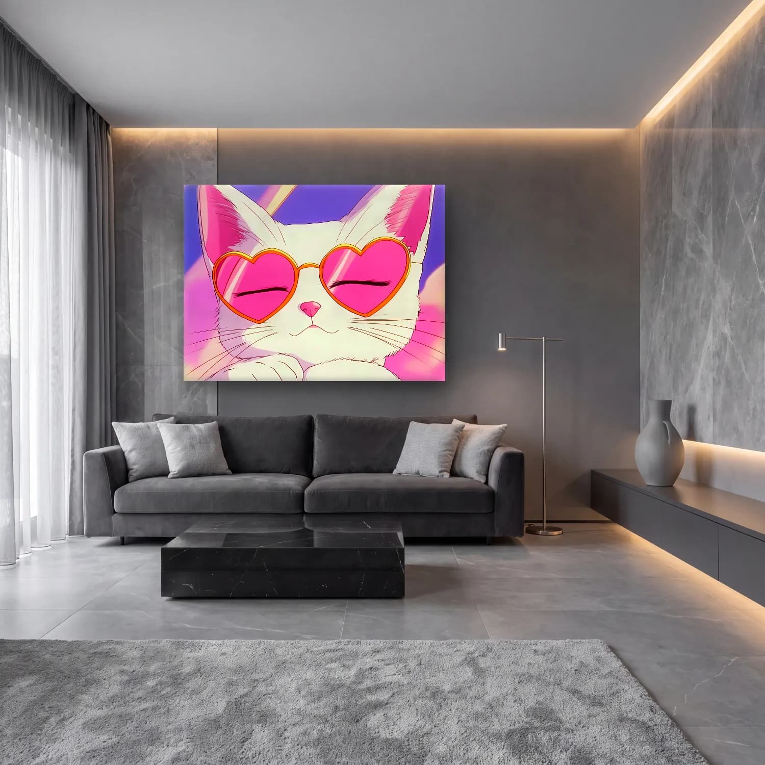 Pastel Kedi No. 9 cam tablo — lüks salon duvarında