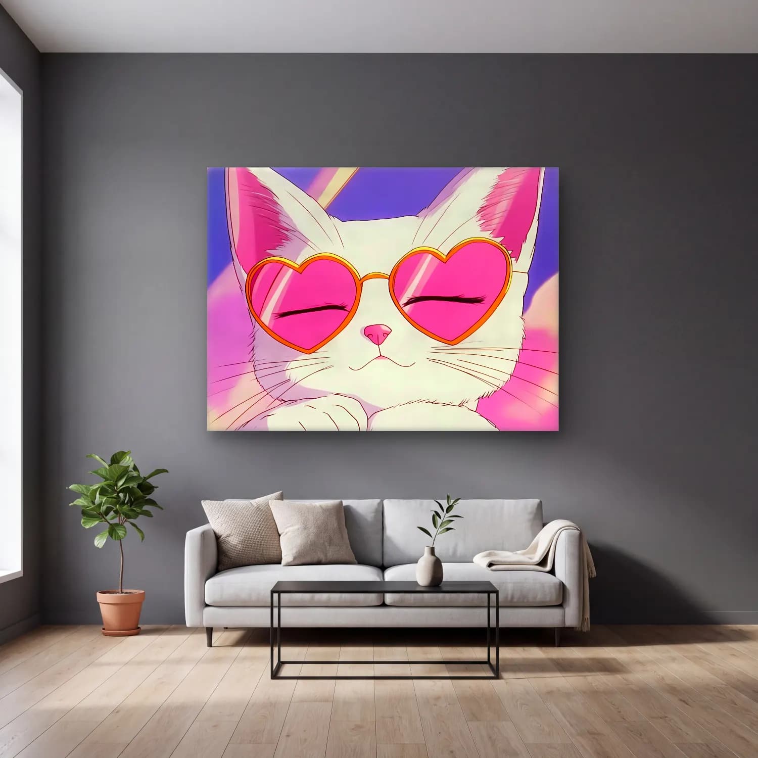 Pastel Kedi No. 9 cam tablo — gri duvarlı salonda